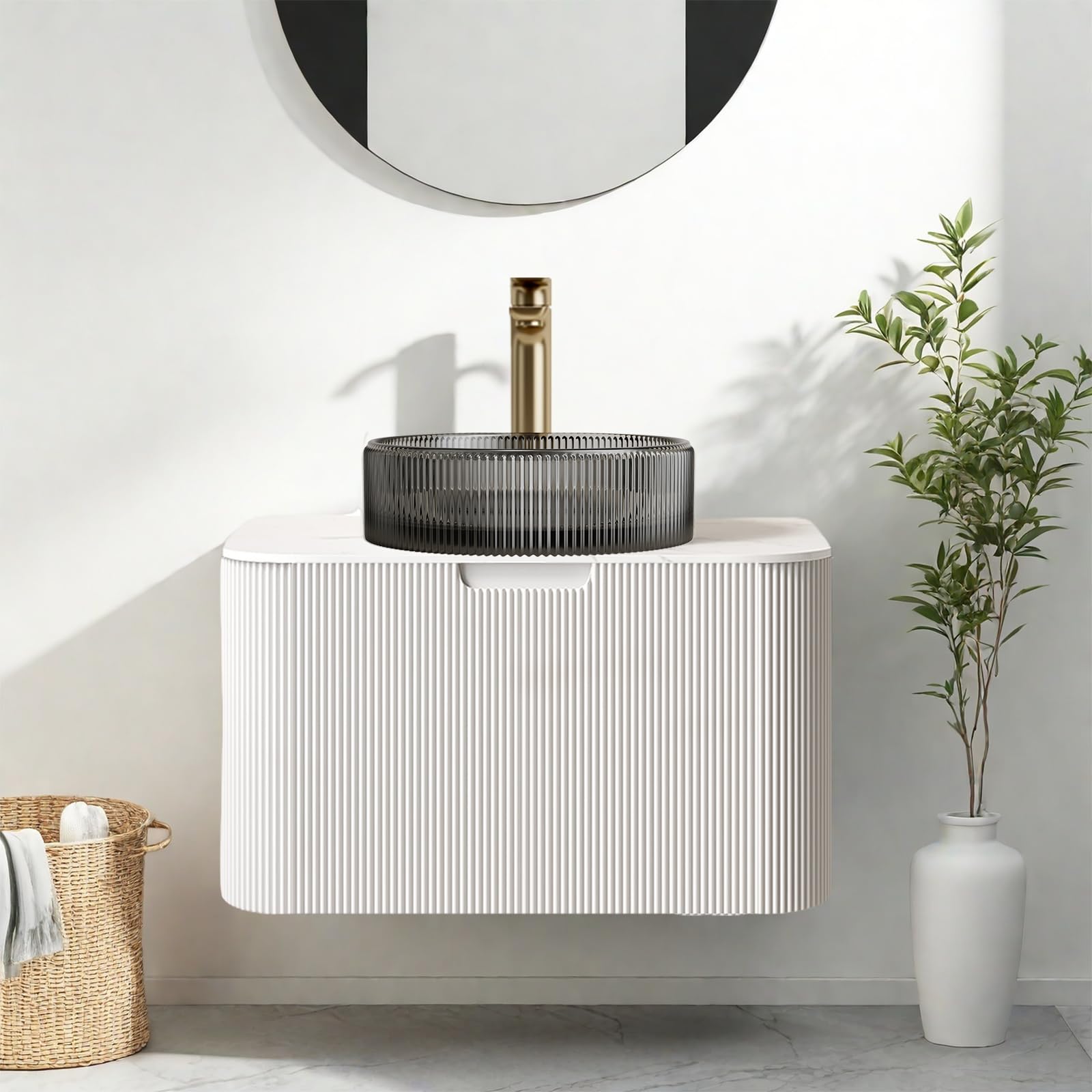 24-Inch Modern Bathroom Vanity with Sink, Floating Cabinet with Ultra-Thin Ceramic Basin and Marble Top, Extra Large Storage Drawer, Soft-Close Design, Nature Wood