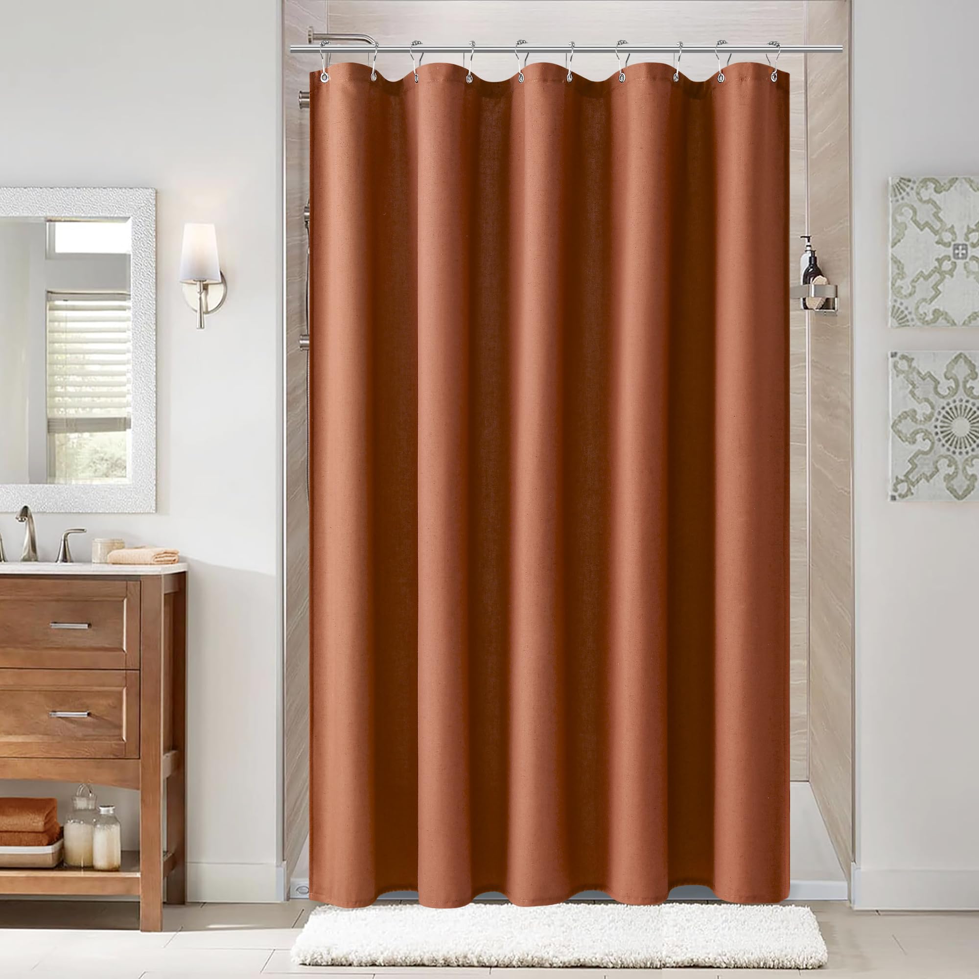 Naturoom Natural Linen Shower Curtain, Country Boho Farmhouse Bath Decor Beige Shower Curtains for Bathroom Neutral Cloth Weighted Textured Fabric Bath Curtain Liner with Hooks, Cream, 72 Inch