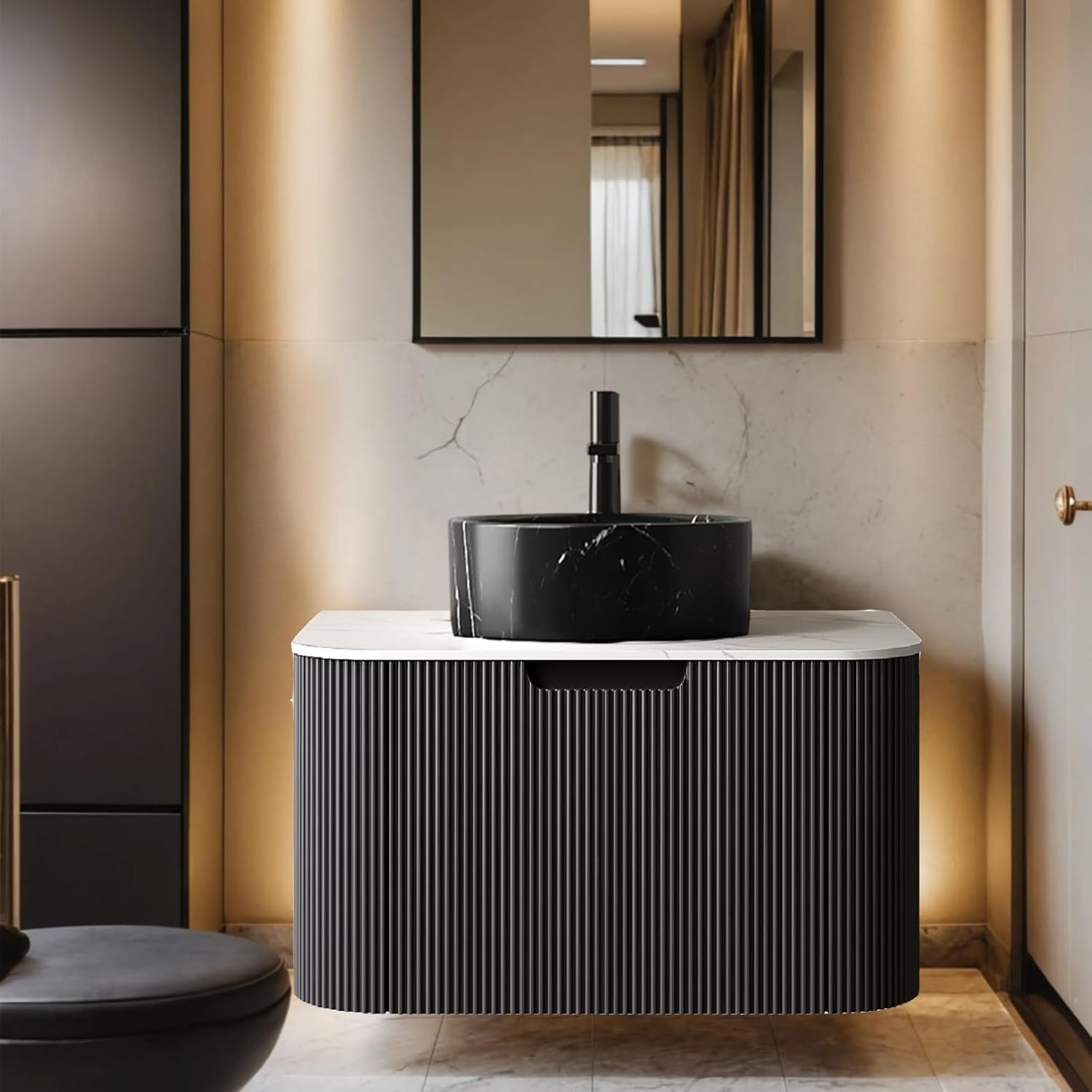 24-Inch Modern Bathroom Vanity with Sink, Floating Cabinet with Ultra-Thin Ceramic Basin and Marble Top, Extra Large Storage Drawer, Soft-Close Design, Nature Wood