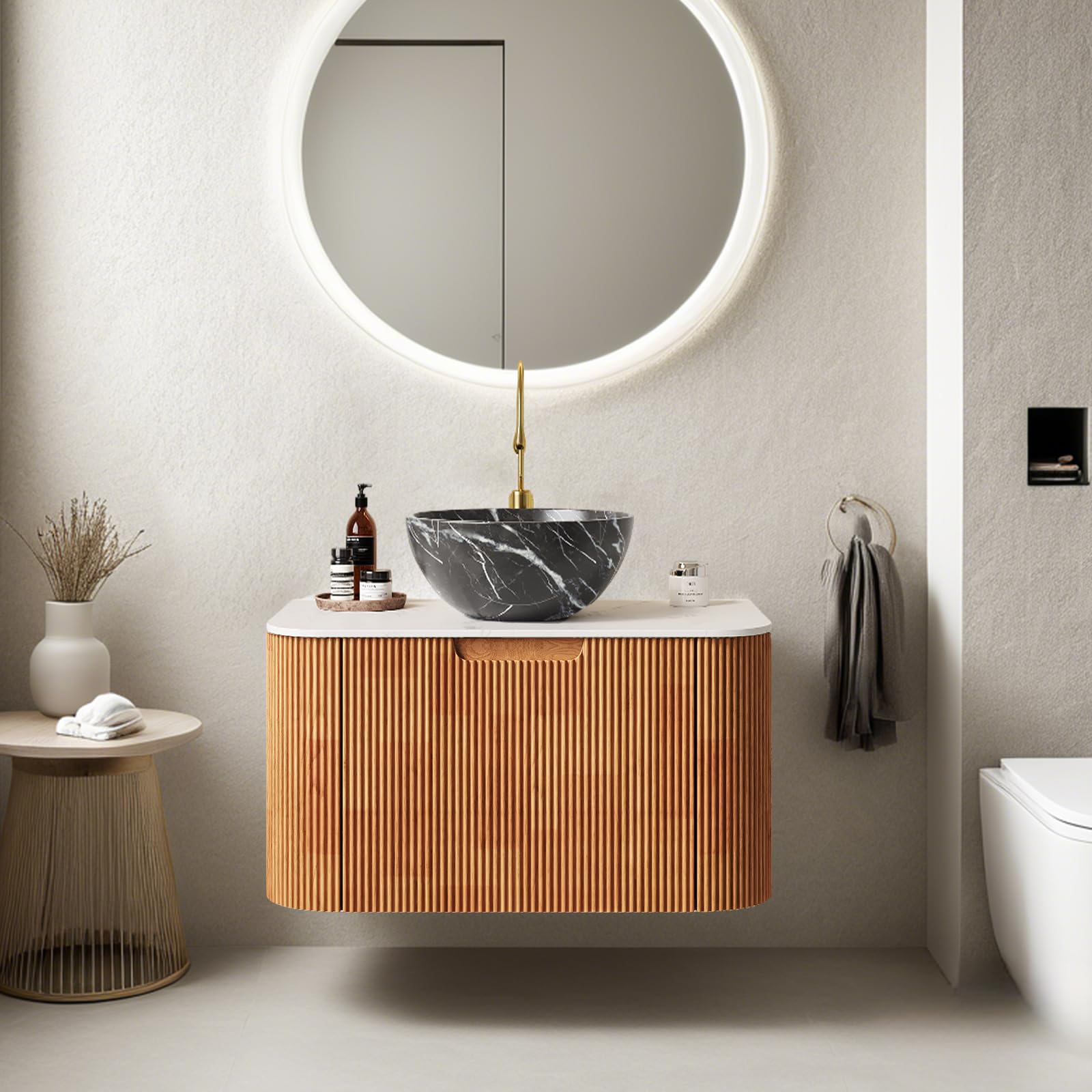 24-Inch Modern Bathroom Vanity with Sink, Floating Cabinet with Ultra-Thin Ceramic Basin and Marble Top, Extra Large Storage Drawer, Soft-Close Design, Nature Wood