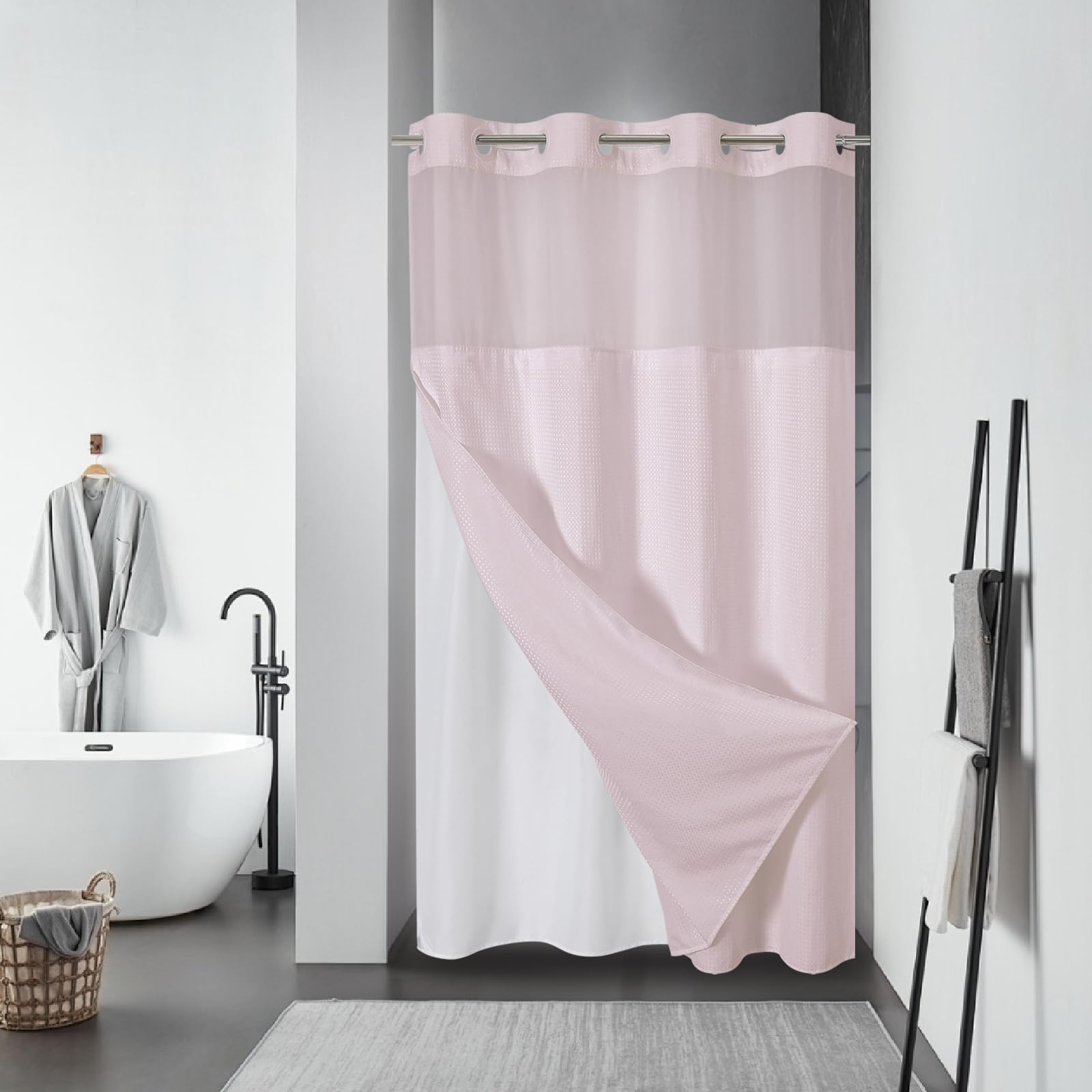 eachope BurntOrange Extra Long No Hook Waffle Weave Shower Curtain with snap-in Liner Replacement, 230GSM Waterproof Fabric Hotel Shower Curtain Set for Bathroom, Through Mesh Top Window,71Wx86H