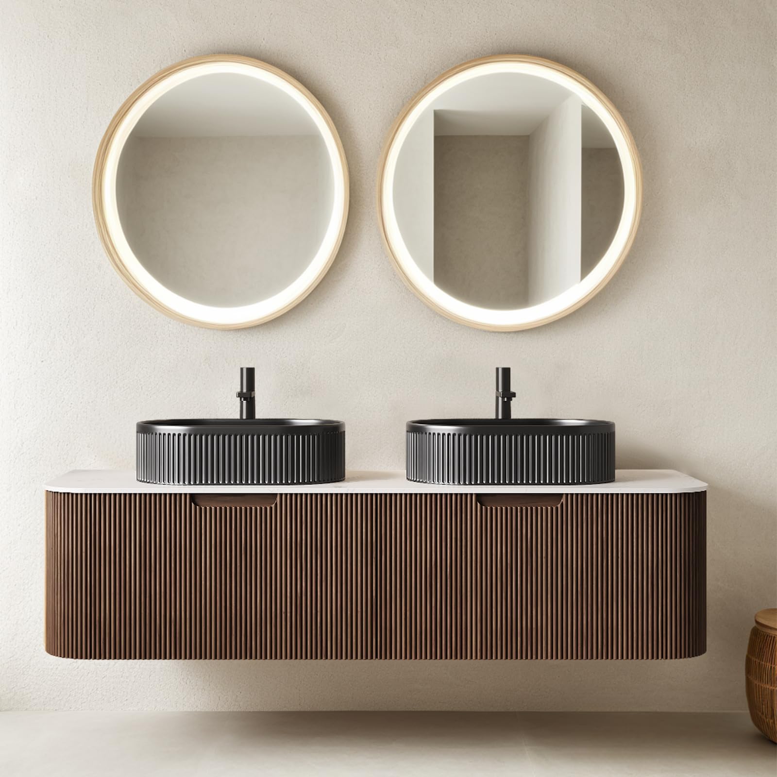 24-Inch Modern Bathroom Vanity with Sink, Floating Cabinet with Ultra-Thin Ceramic Basin and Marble Top, Extra Large Storage Drawer, Soft-Close Design, Nature Wood
