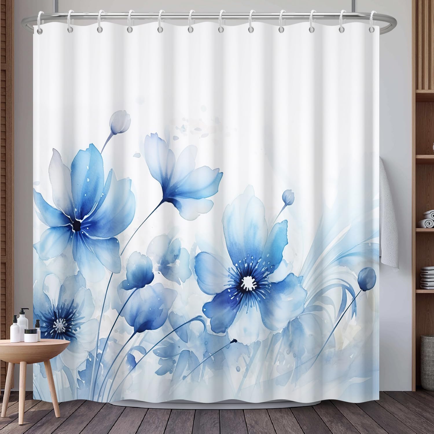 Mountain Landscape Shower Curtain with Hooks, Zen Inspired Design with Birds & Scenic Path, Waterproof Fabric Bath Curtain for Nature Lovers Bathroom Decor, 71x74 Inch
