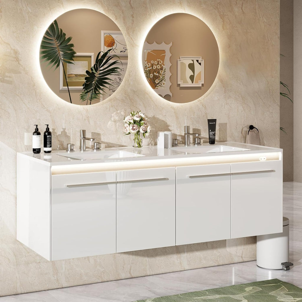 AMERLIFE 60" LED Floating Bathroom Double Vanity with Sink, Modern High Gloss Wall Mounted Bathroom Storage Cabinet with 3 Hole Sink, Metal Handles & Soft Closing Doors, White
