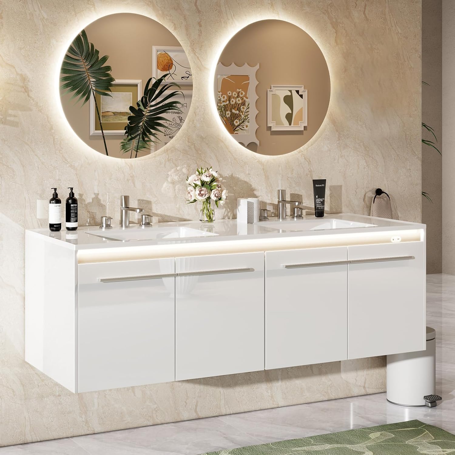 AMERLIFE 60" LED Floating Bathroom Double Vanity with Sink, Modern High Gloss Wall Mounted Bathroom Storage Cabinet with 3 Hole Sink, Metal Handles & Soft Closing Doors, White
