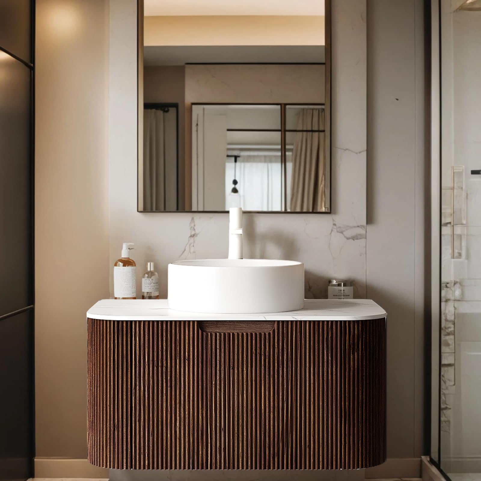 24-Inch Modern Bathroom Vanity with Sink, Floating Cabinet with Ultra-Thin Ceramic Basin and Marble Top, Extra Large Storage Drawer, Soft-Close Design, Nature Wood