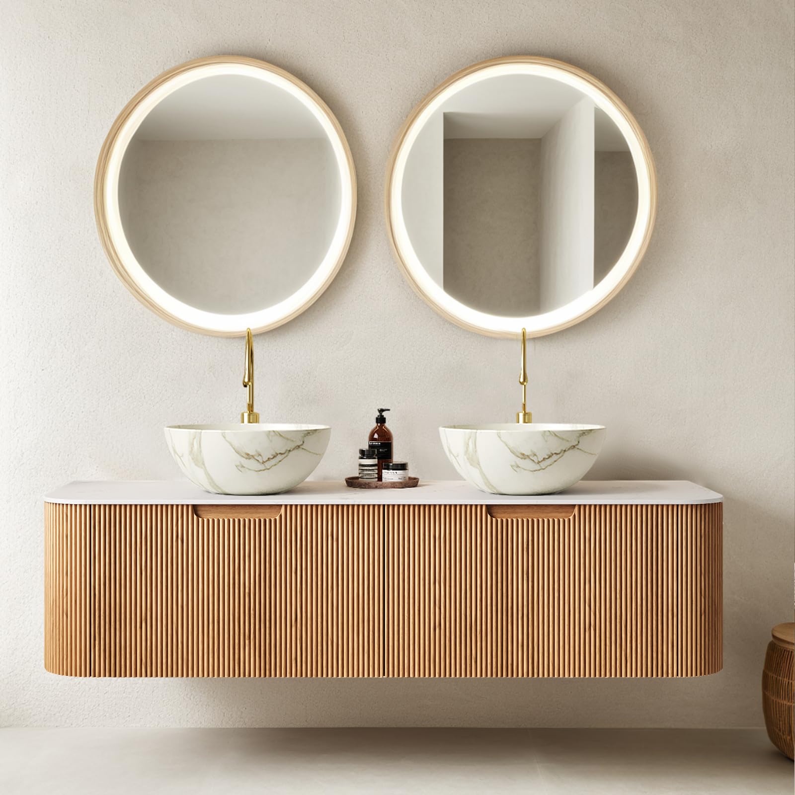 24-Inch Modern Bathroom Vanity with Sink, Floating Cabinet with Ultra-Thin Ceramic Basin and Marble Top, Extra Large Storage Drawer, Soft-Close Design, Nature Wood