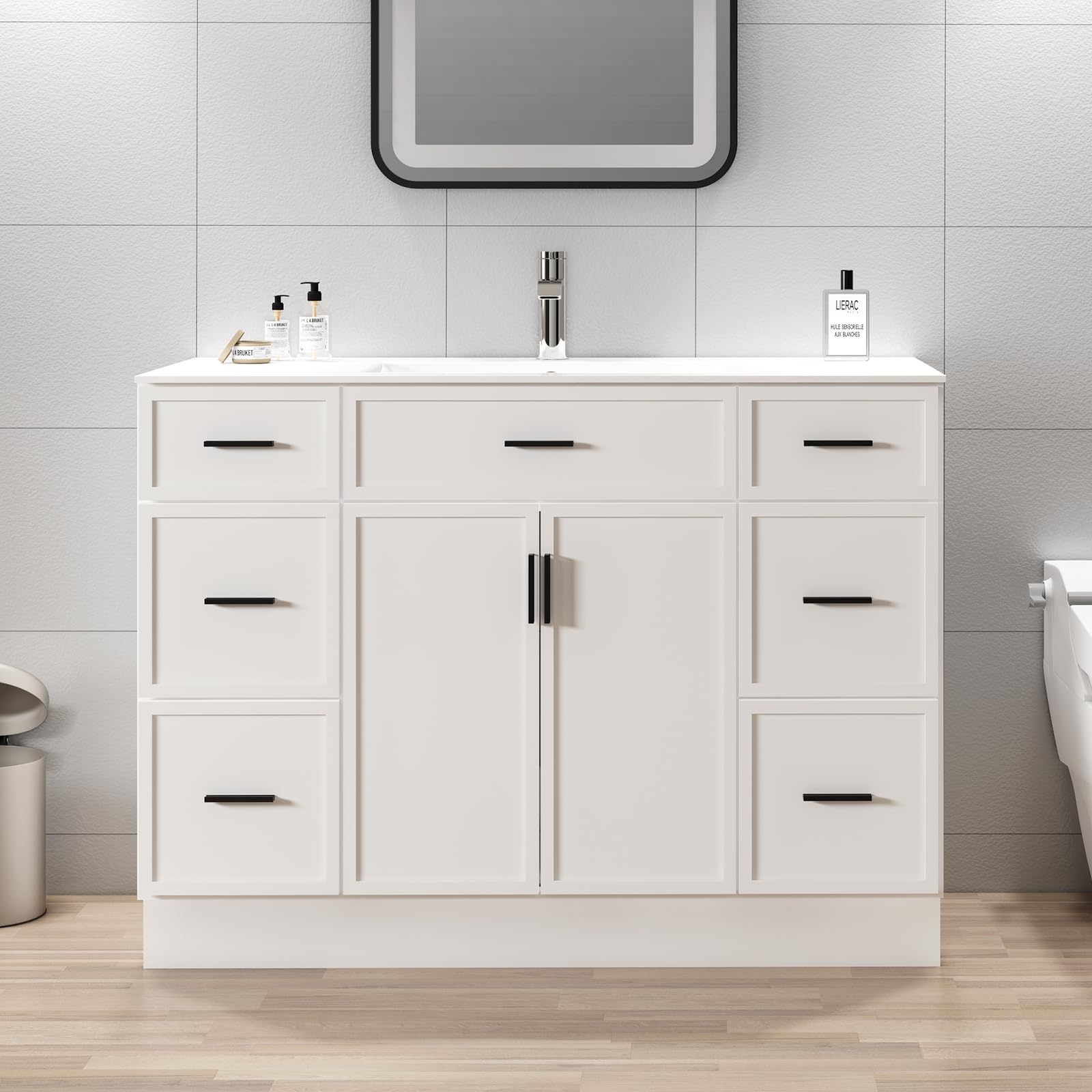 36 Inch Modern Bathroom Vanity with Sink, Natural wood color Freestanding Vanity for Floor Standing Storage and White Ceramic Basin (36")
