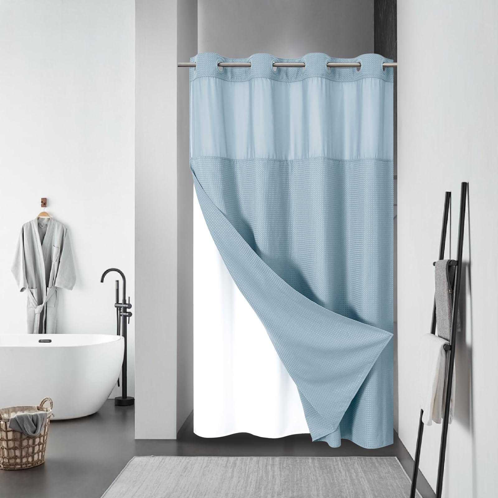 eachope BurntOrange Extra Long No Hook Waffle Weave Shower Curtain with snap-in Liner Replacement, 230GSM Waterproof Fabric Hotel Shower Curtain Set for Bathroom, Through Mesh Top Window,71Wx86H