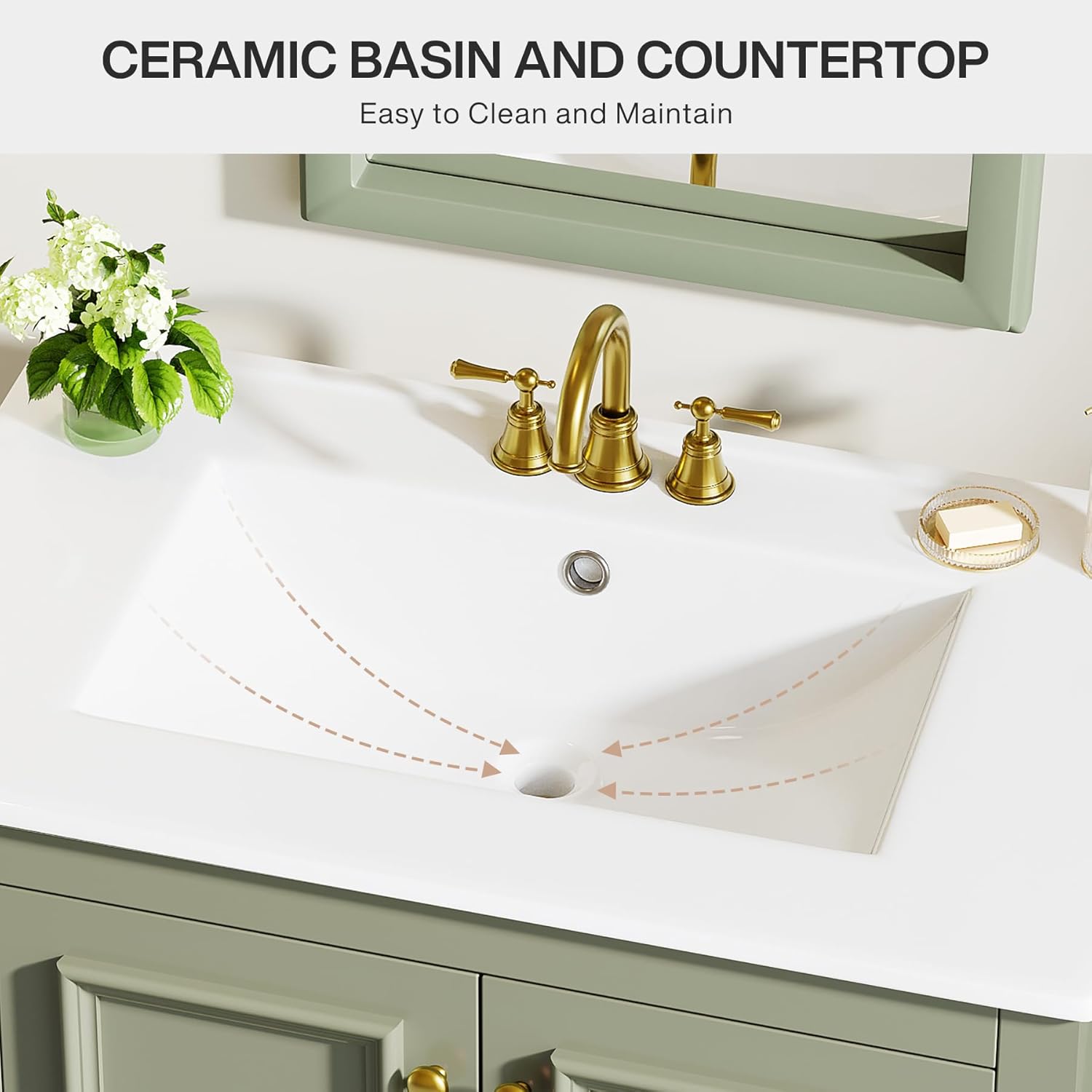 Tribesigns 30" Modern Bathroom Vanity with Sink, Freestanding Bathroom Vanities Cabinet with Ceramic Basin Combo, Bathroom Sink Cabinet with 2 Doors and 1 Drawer, Solid Wooden Frame, Olive Green