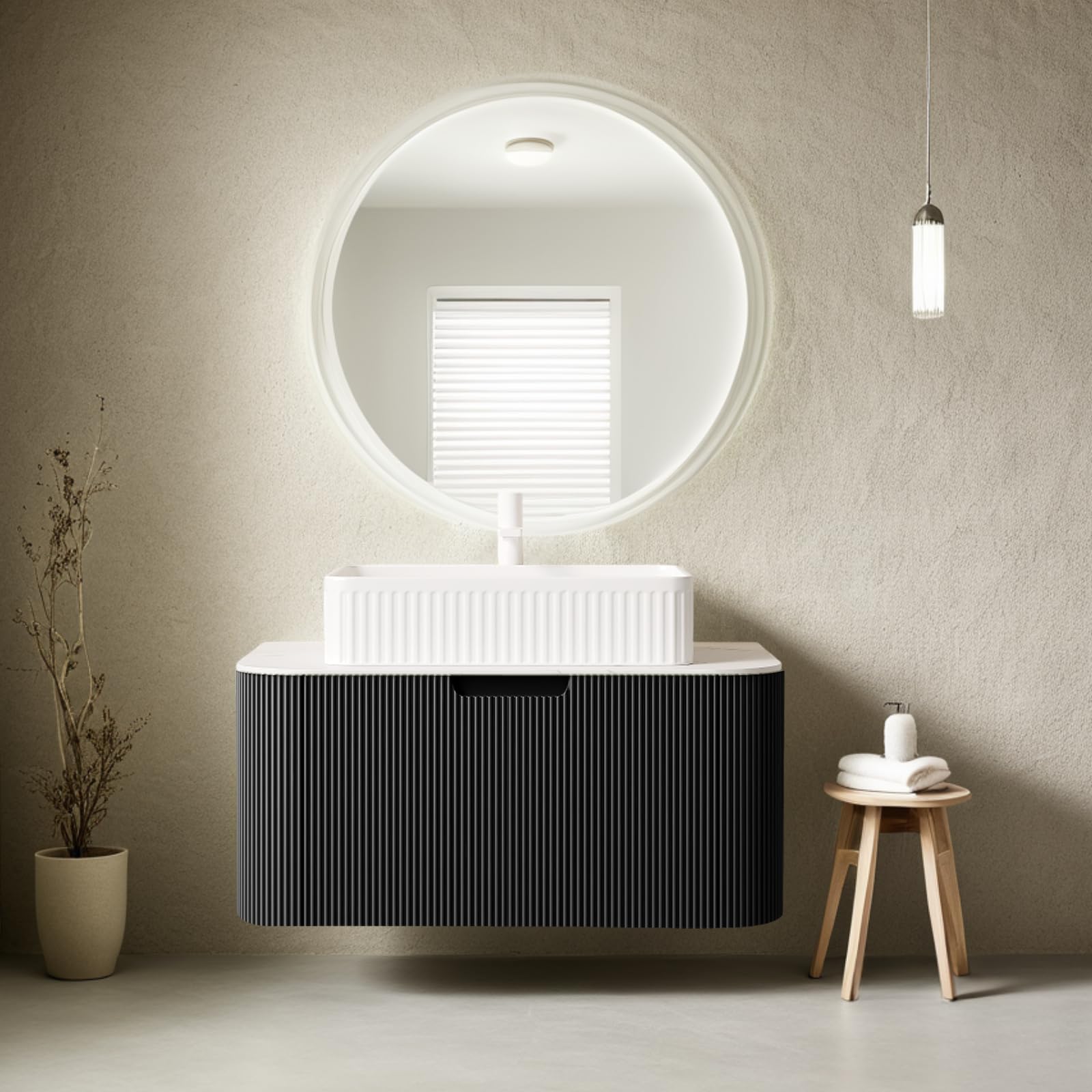 24-Inch Modern Bathroom Vanity with Sink, Floating Cabinet with Ultra-Thin Ceramic Basin and Marble Top, Extra Large Storage Drawer, Soft-Close Design, Nature Wood