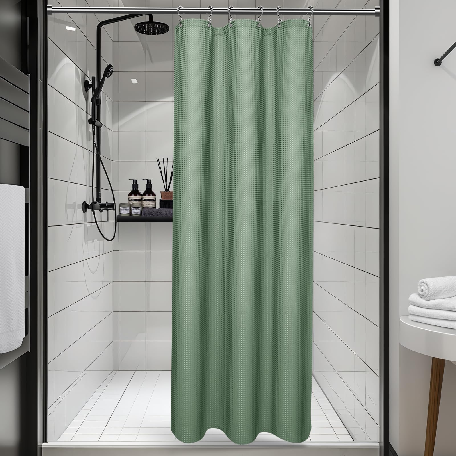 Vipfree 3 in 1 Shower Curtain Set, Waffle Shower Curtain and Liner Set with 12 Double Sided Shower Curtain Hooks, 258GSM Luxury Weighted Cloth Shower Curtains for Bathroom, 72 W x 72 H, White