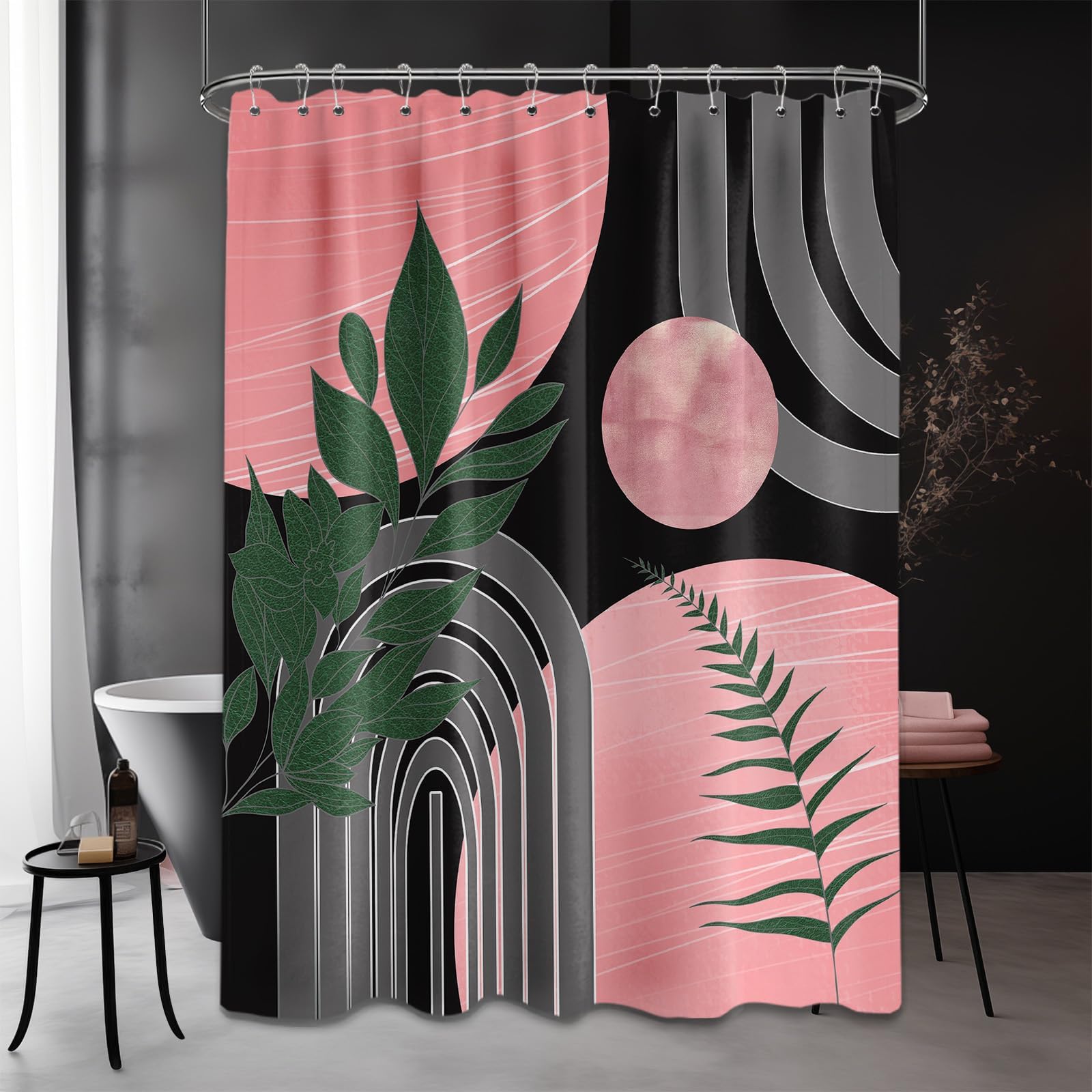 Mid Century Modern Black and Brown Shower Curtain Boho Beige and Dark Tan Gold Shower Curtains for Mens Bathroom Decor Sets, Waterproof Cloth Fabric with Hooks, 70x72in