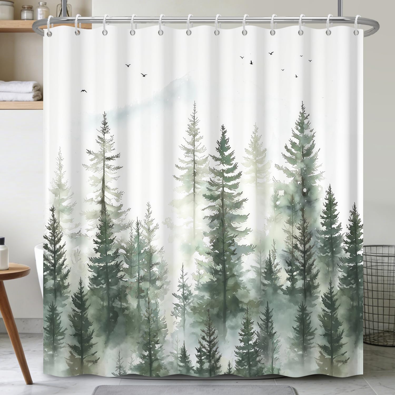Birch Tree Shower Curtain 71x74 Inch – Woodland Forest Watercolor Landscape Print Waterproof Bathroom Curtain with Rust-Proof Hooks for Farmhouse Rustic Scandinavian Bath Decor