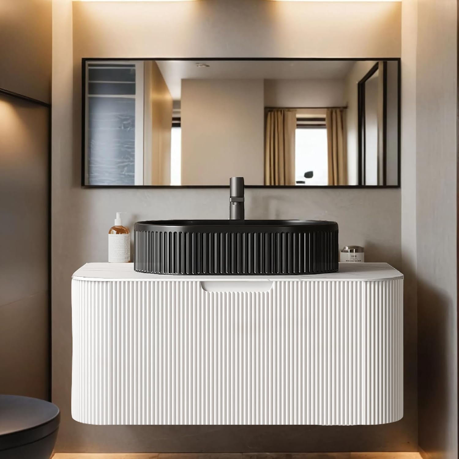 24-Inch Modern Bathroom Vanity with Sink, Floating Cabinet with Ultra-Thin Ceramic Basin and Marble Top, Extra Large Storage Drawer, Soft-Close Design, Nature Wood