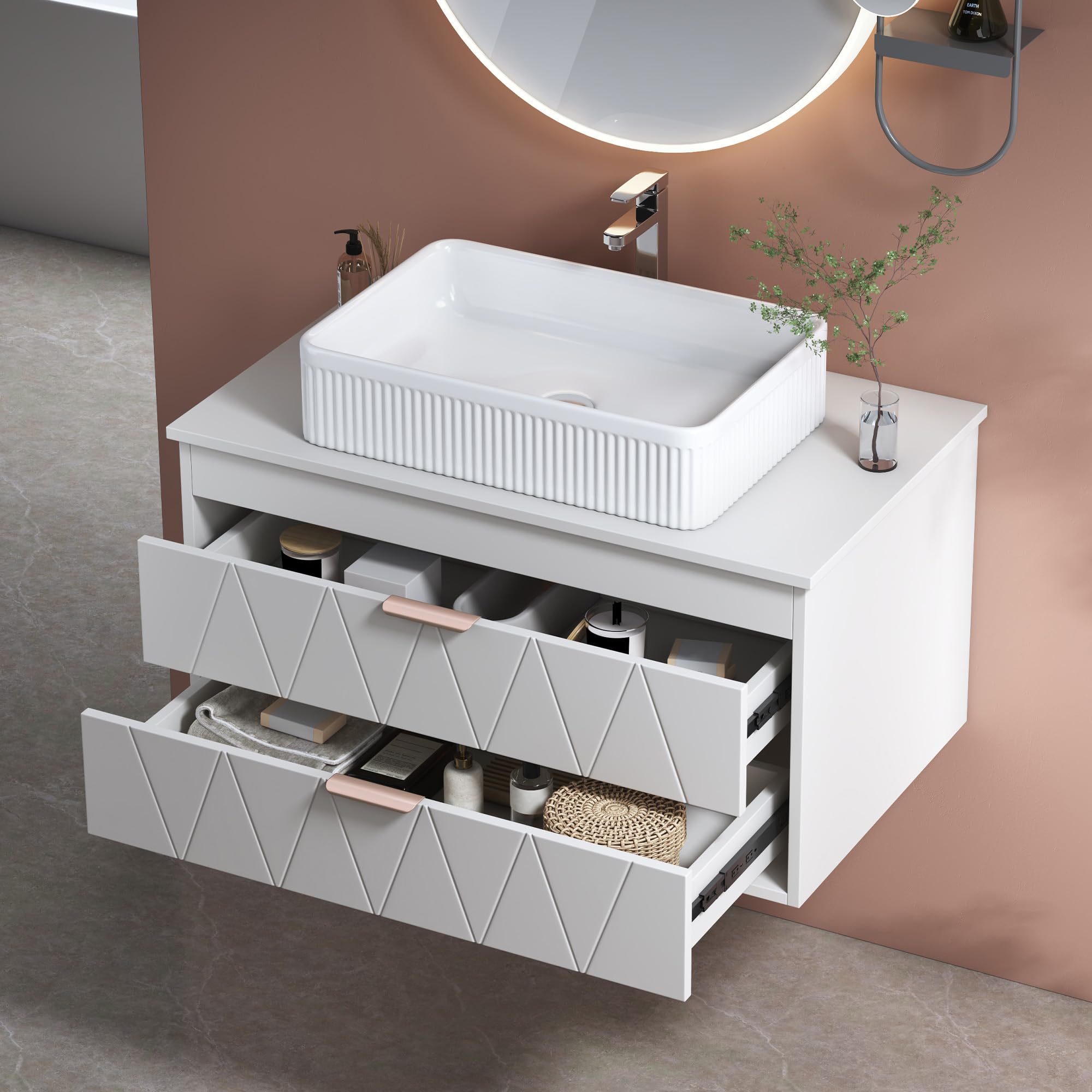 Glintee 36" Modern Bathroom Vanity with Ceramic Sink – Sintered Stone Top, 4 Soft-Close Drawers, Sturdy Solid Wood Cabinet, Wall-Mounted or Freestanding, Easy Assembly, Black & White