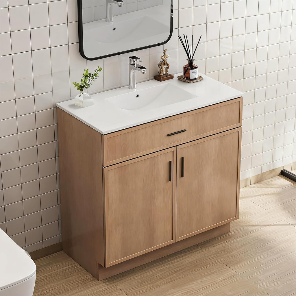 36 Inch Modern Bathroom Vanity with Sink, Natural wood color Freestanding Vanity for Floor Standing Storage and White Ceramic Basin (36")