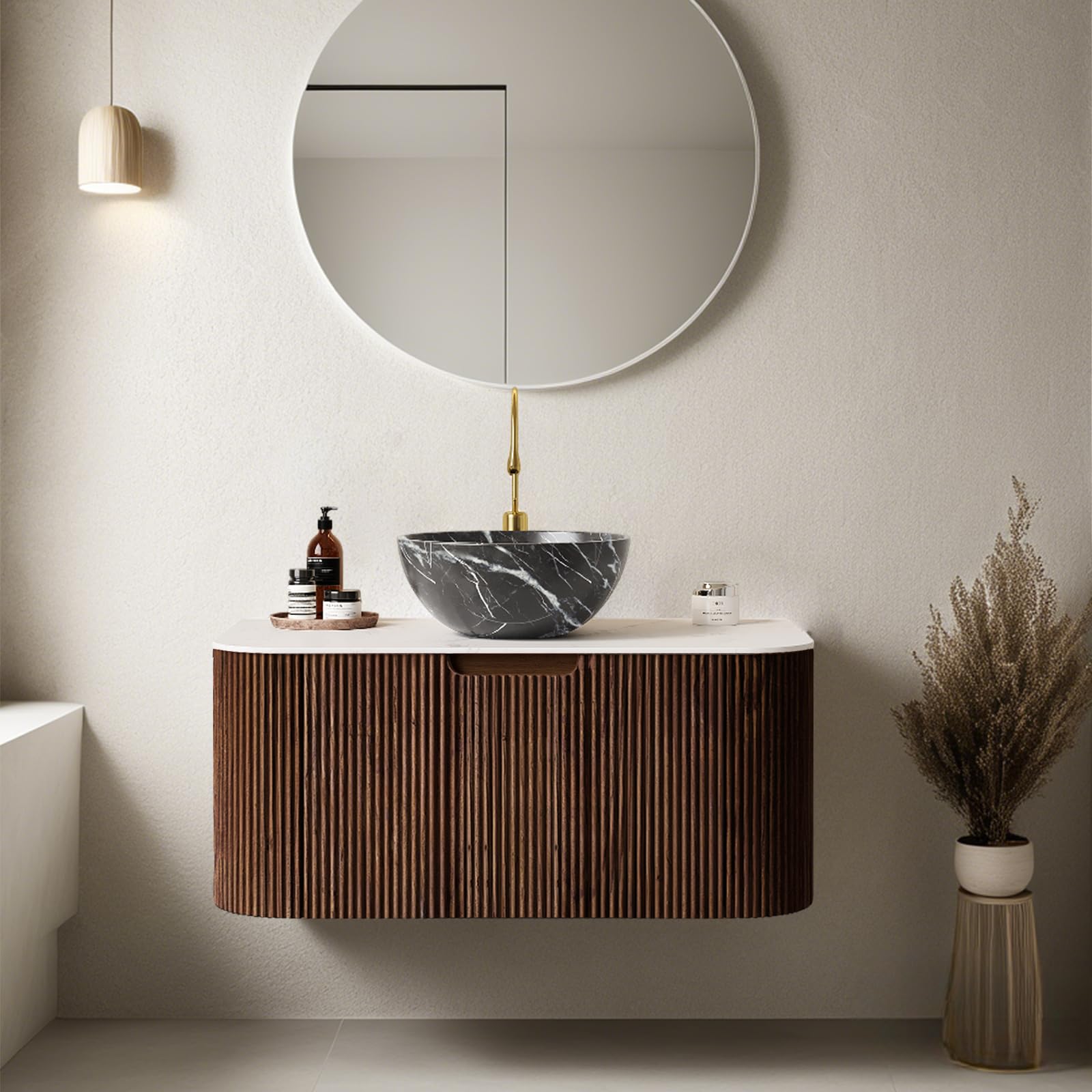 24-Inch Modern Bathroom Vanity with Sink, Floating Cabinet with Ultra-Thin Ceramic Basin and Marble Top, Extra Large Storage Drawer, Soft-Close Design, Nature Wood