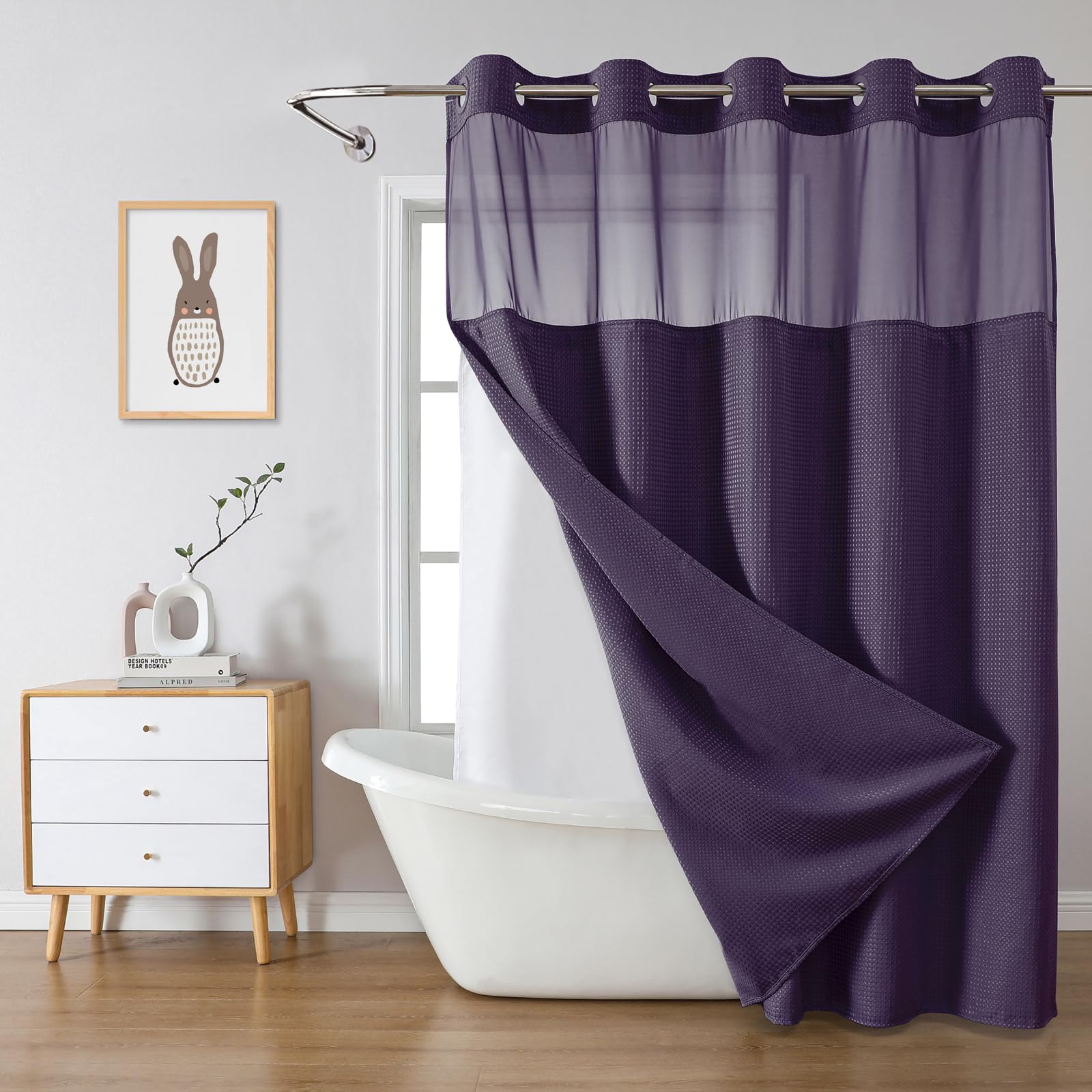 eachope BurntOrange Extra Long No Hook Waffle Weave Shower Curtain with snap-in Liner Replacement, 230GSM Waterproof Fabric Hotel Shower Curtain Set for Bathroom, Through Mesh Top Window,71Wx86H