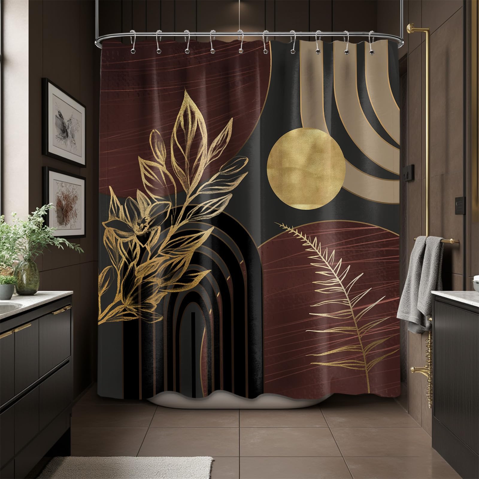 Mid Century Modern Black and Brown Shower Curtain Boho Beige and Dark Tan Gold Shower Curtains for Mens Bathroom Decor Sets, Waterproof Cloth Fabric with Hooks, 70x72in