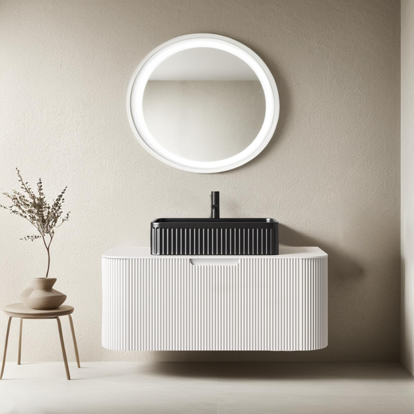24-Inch Modern Bathroom Vanity with Sink, Floating Cabinet with Ultra-Thin Ceramic Basin and Marble Top, Extra Large Storage Drawer, Soft-Close Design, Nature Wood