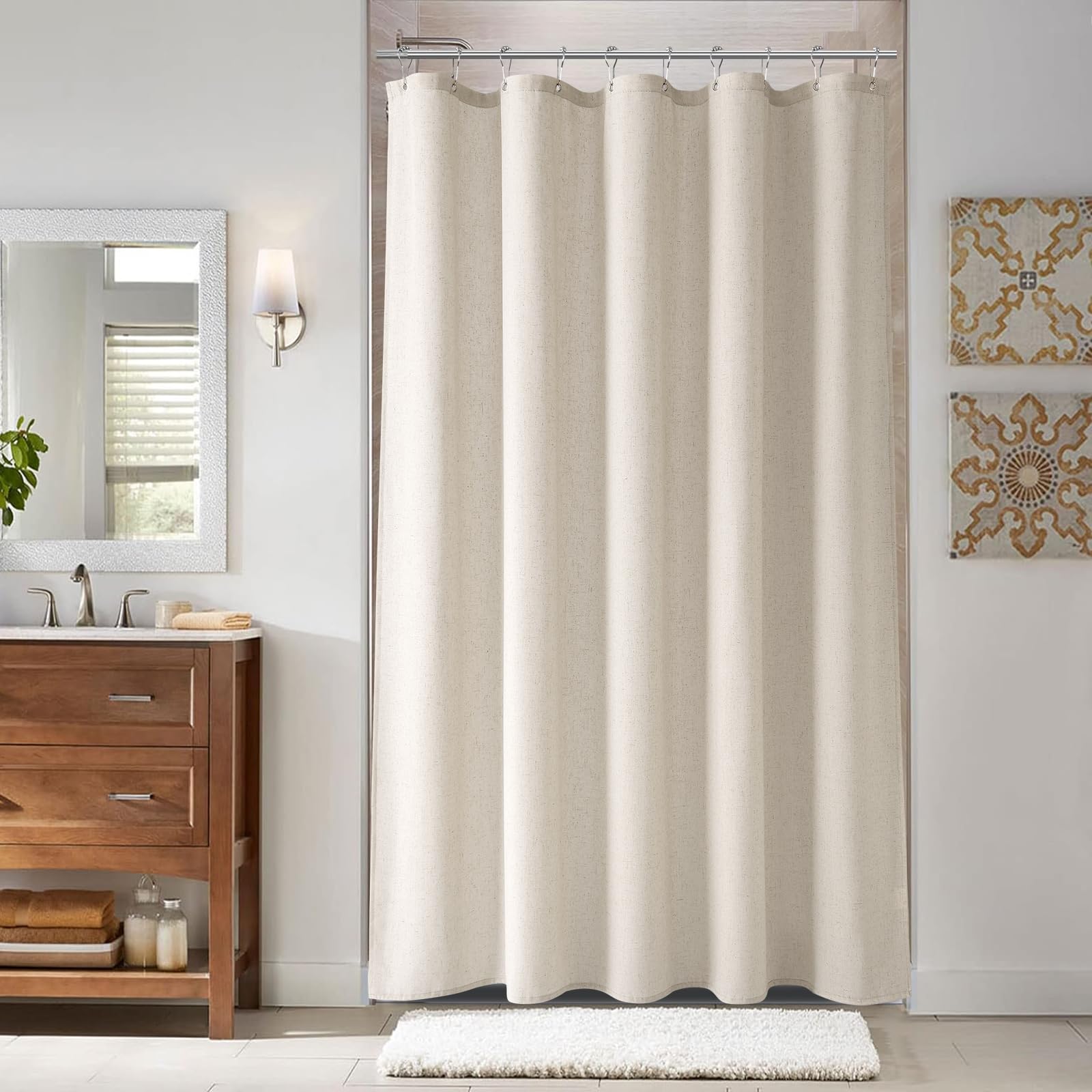 Naturoom Natural Linen Shower Curtain, Country Boho Farmhouse Bath Decor Beige Shower Curtains for Bathroom Neutral Cloth Weighted Textured Fabric Bath Curtain Liner with Hooks, Cream, 72 Inch
