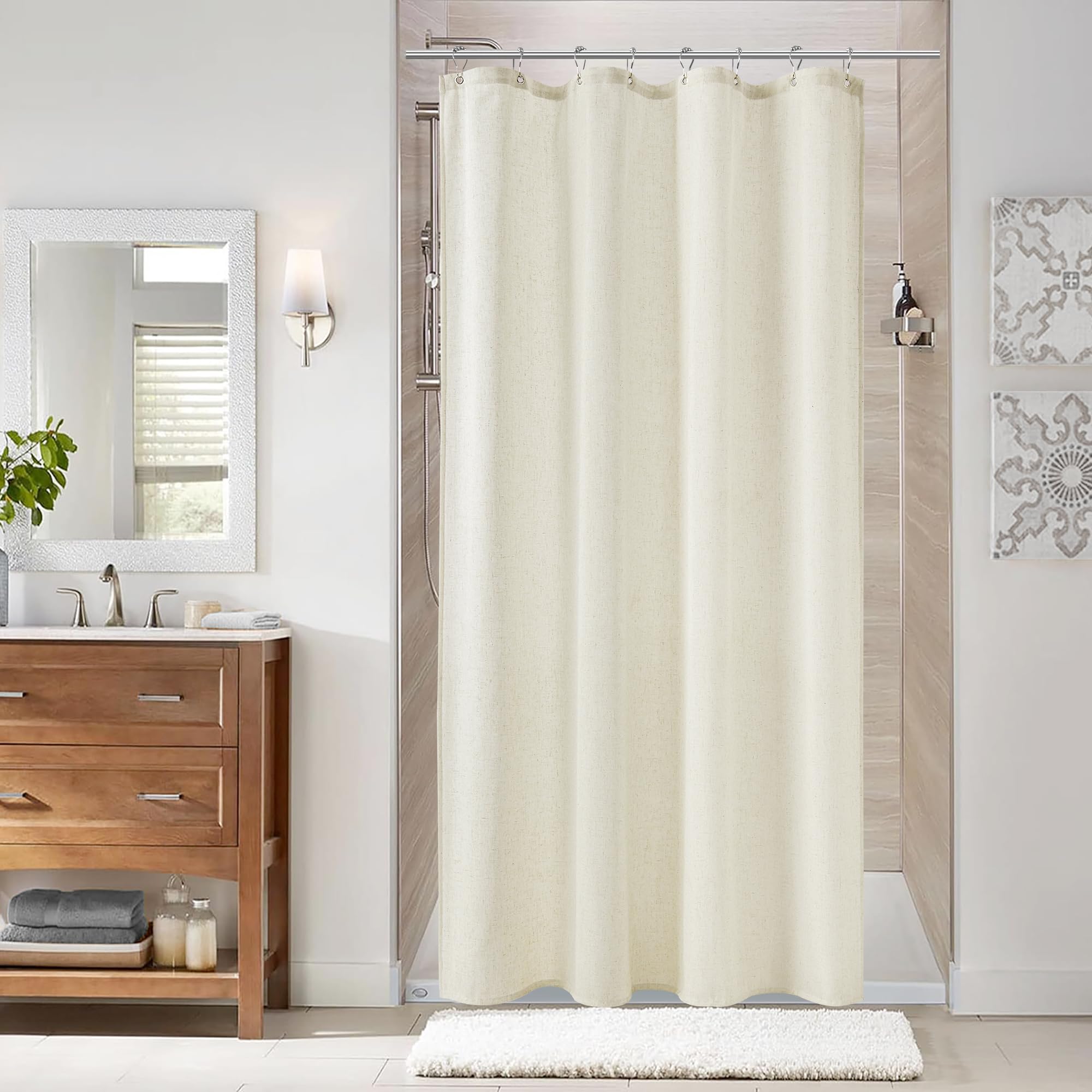 Naturoom Natural Linen Shower Curtain, Country Boho Farmhouse Bath Decor Beige Shower Curtains for Bathroom Neutral Cloth Weighted Textured Fabric Bath Curtain Liner with Hooks, Cream, 72 Inch