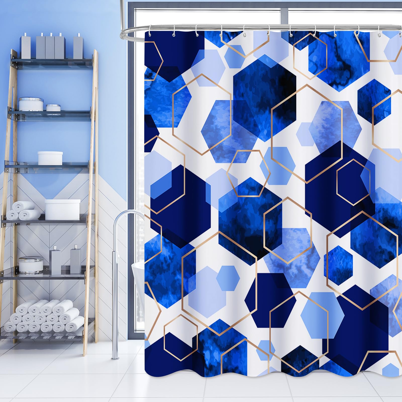 Litabel Blue Shower Curtain Set, Modern Geometric Art Decor Waterproof Bath Curtain, Abstract Fabric Shower Curtain for Bathroom, 72x72 Inch