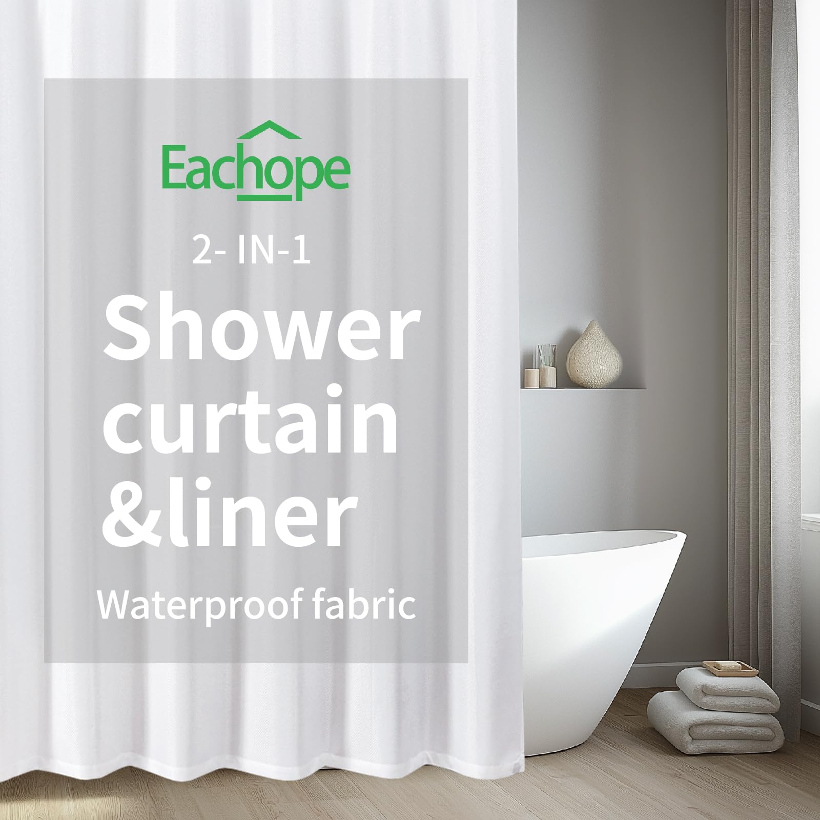 eachope Waterproof Fabric Shower Curtain,No Liner Needed,TPU Laminated Polyester Shower Curtain,Chevron Striped Design with Weighted Magnets and Metal Grommets,72 x 72 Inch,White