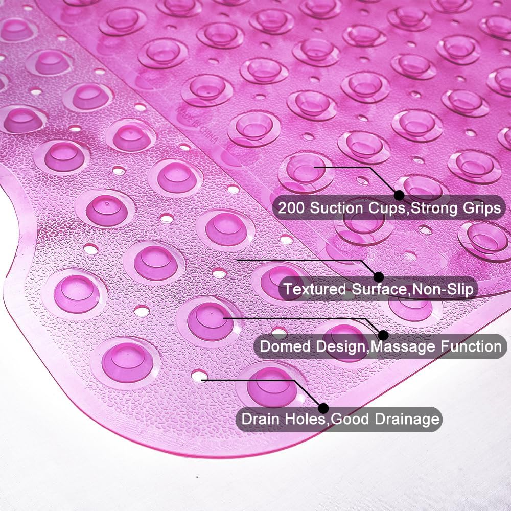 Bathtub Mats for Shower Tub Non-Slip Bath Mat 39 x 16 Inch Extra Long Shower Mat, Bath Tub Mat for Bathroom with Machine Washable, BPA Free for Kids (Clear Hot Pink)