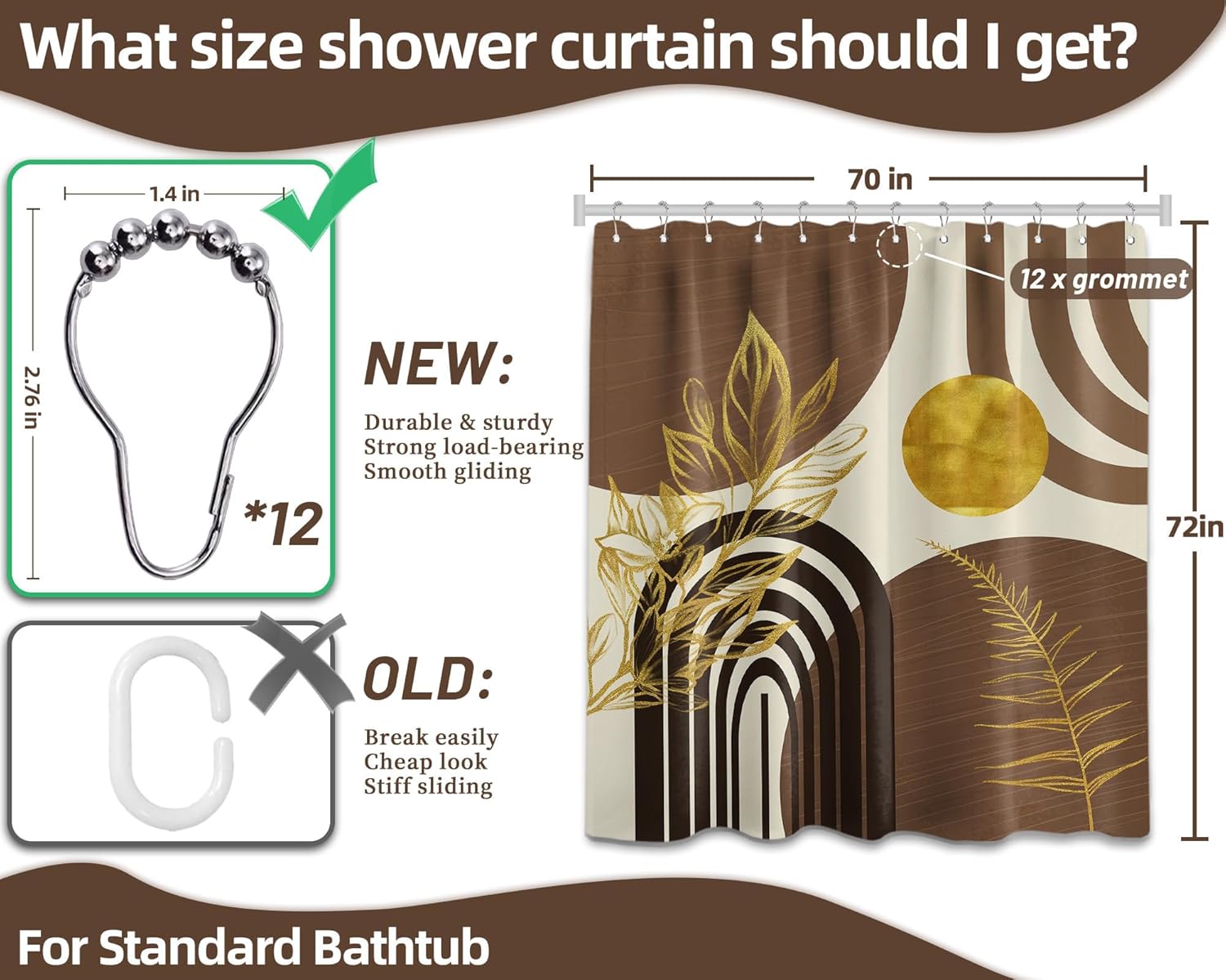 Mid Century Modern Black and Brown Shower Curtain Boho Beige and Dark Tan Gold Shower Curtains for Mens Bathroom Decor Sets, Waterproof Cloth Fabric with Hooks, 70x72in