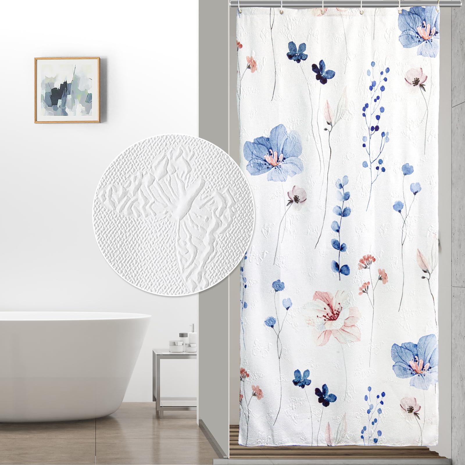 QiyI Watercolor Floral Shower Curtain, 3D Embossed Butterflies Grey Beige Flower Bathroom Curtains, Minimalist White Cloth Bath Curtain, Waterproof Fabric Textured Shower Curtain Set with Hooks, 72x72