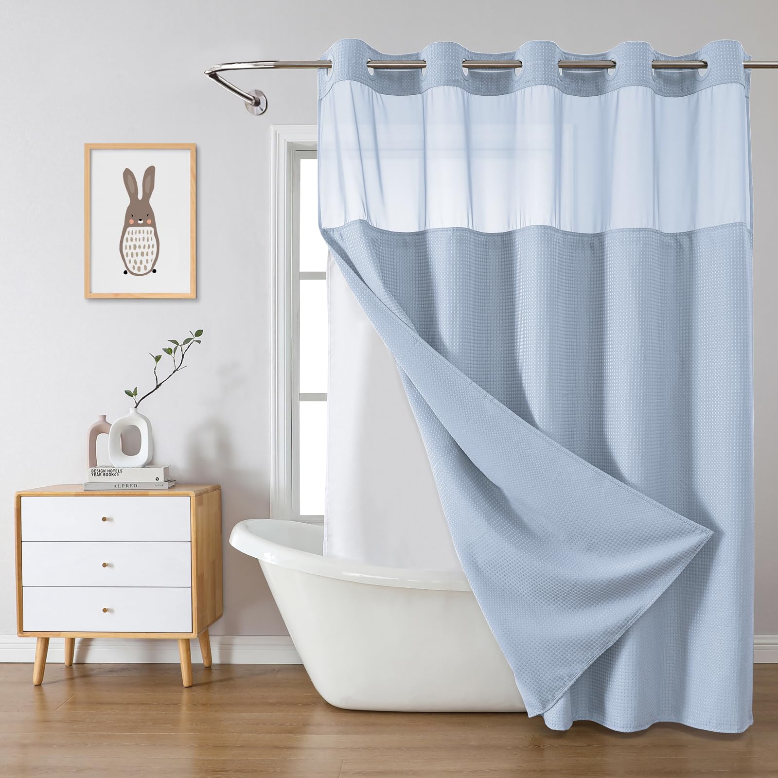 eachope BurntOrange Extra Long No Hook Waffle Weave Shower Curtain with snap-in Liner Replacement, 230GSM Waterproof Fabric Hotel Shower Curtain Set for Bathroom, Through Mesh Top Window,71Wx86H