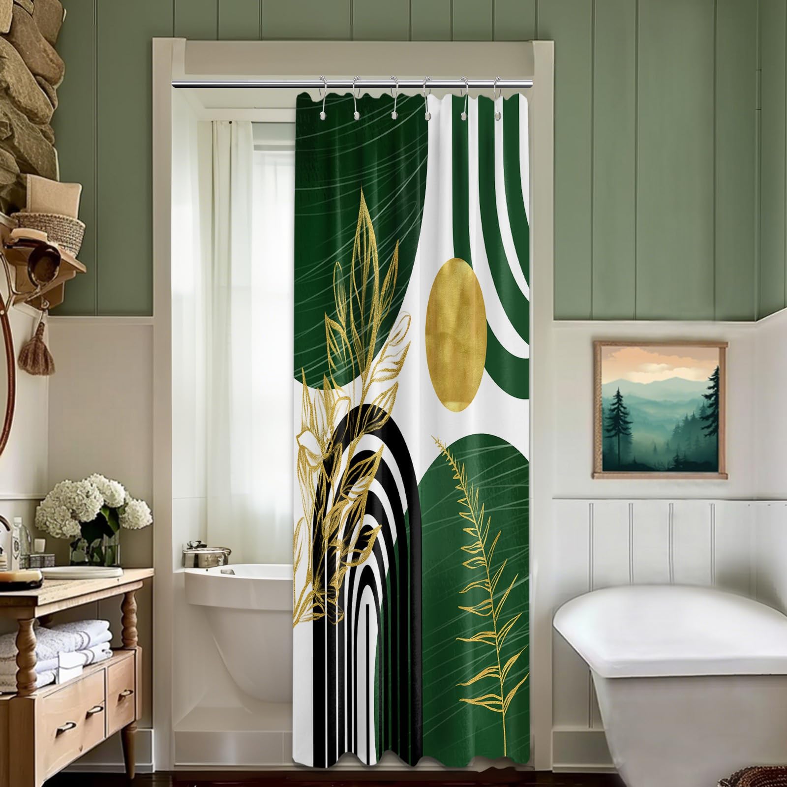 Mid Century Modern Black and Brown Shower Curtain Boho Beige and Dark Tan Gold Shower Curtains for Mens Bathroom Decor Sets, Waterproof Cloth Fabric with Hooks, 70x72in