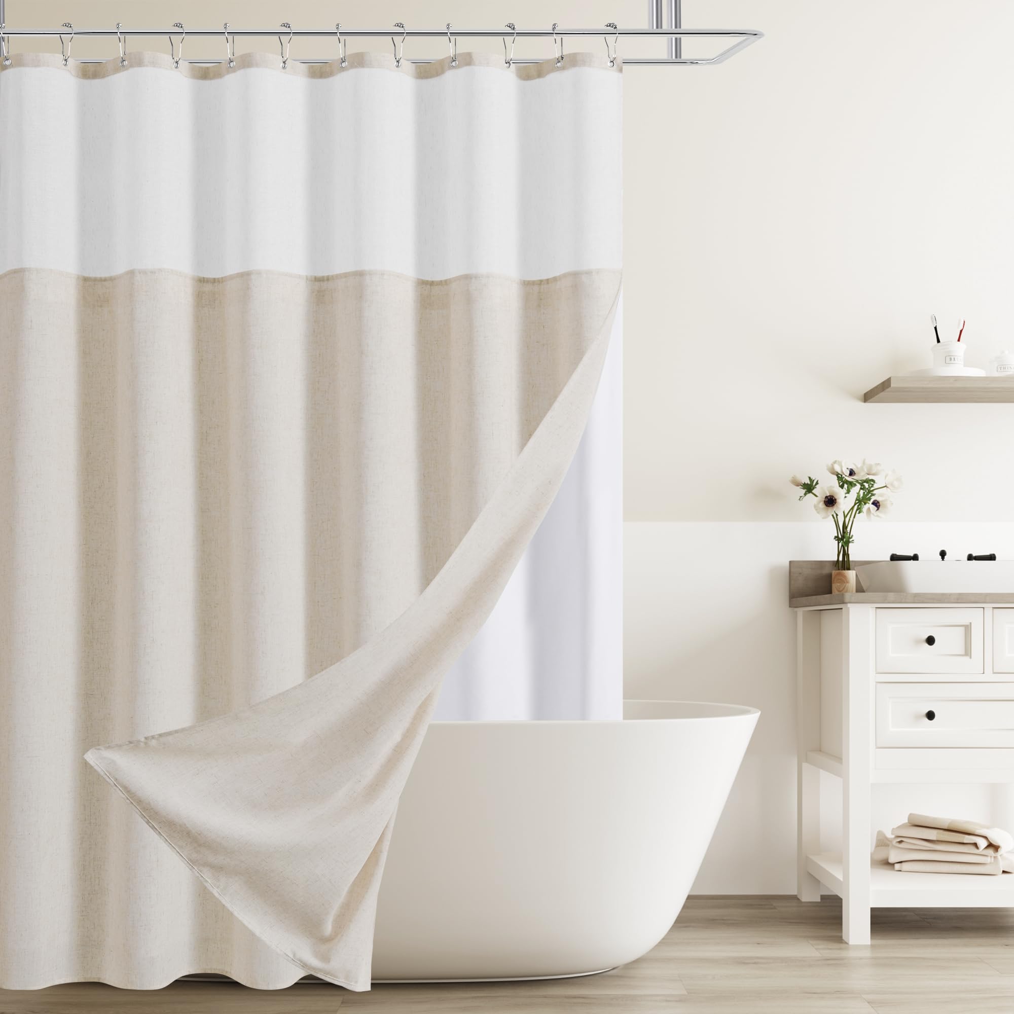 Naturoom Natural Linen Shower Curtain, Country Boho Farmhouse Bath Decor Beige Shower Curtains for Bathroom Neutral Cloth Weighted Textured Fabric Bath Curtain Liner with Hooks, Cream, 72 Inch