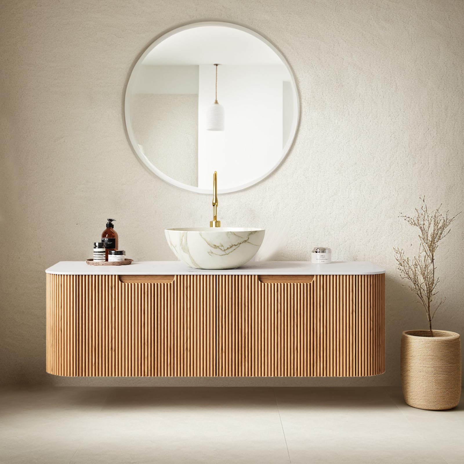 24-Inch Modern Bathroom Vanity with Sink, Floating Cabinet with Ultra-Thin Ceramic Basin and Marble Top, Extra Large Storage Drawer, Soft-Close Design, Nature Wood