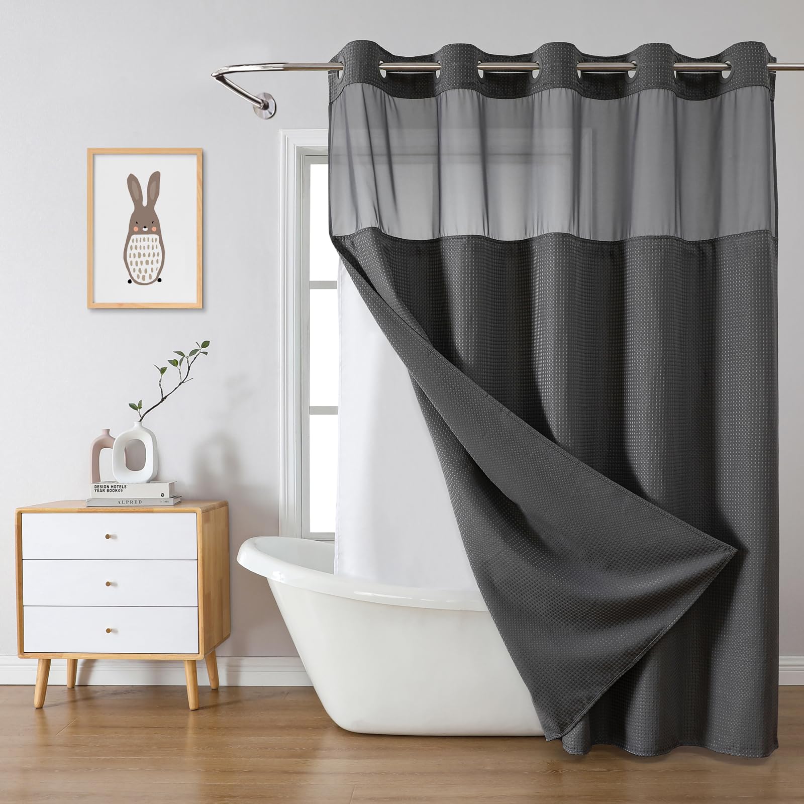 eachope BurntOrange Extra Long No Hook Waffle Weave Shower Curtain with snap-in Liner Replacement, 230GSM Waterproof Fabric Hotel Shower Curtain Set for Bathroom, Through Mesh Top Window,71Wx86H