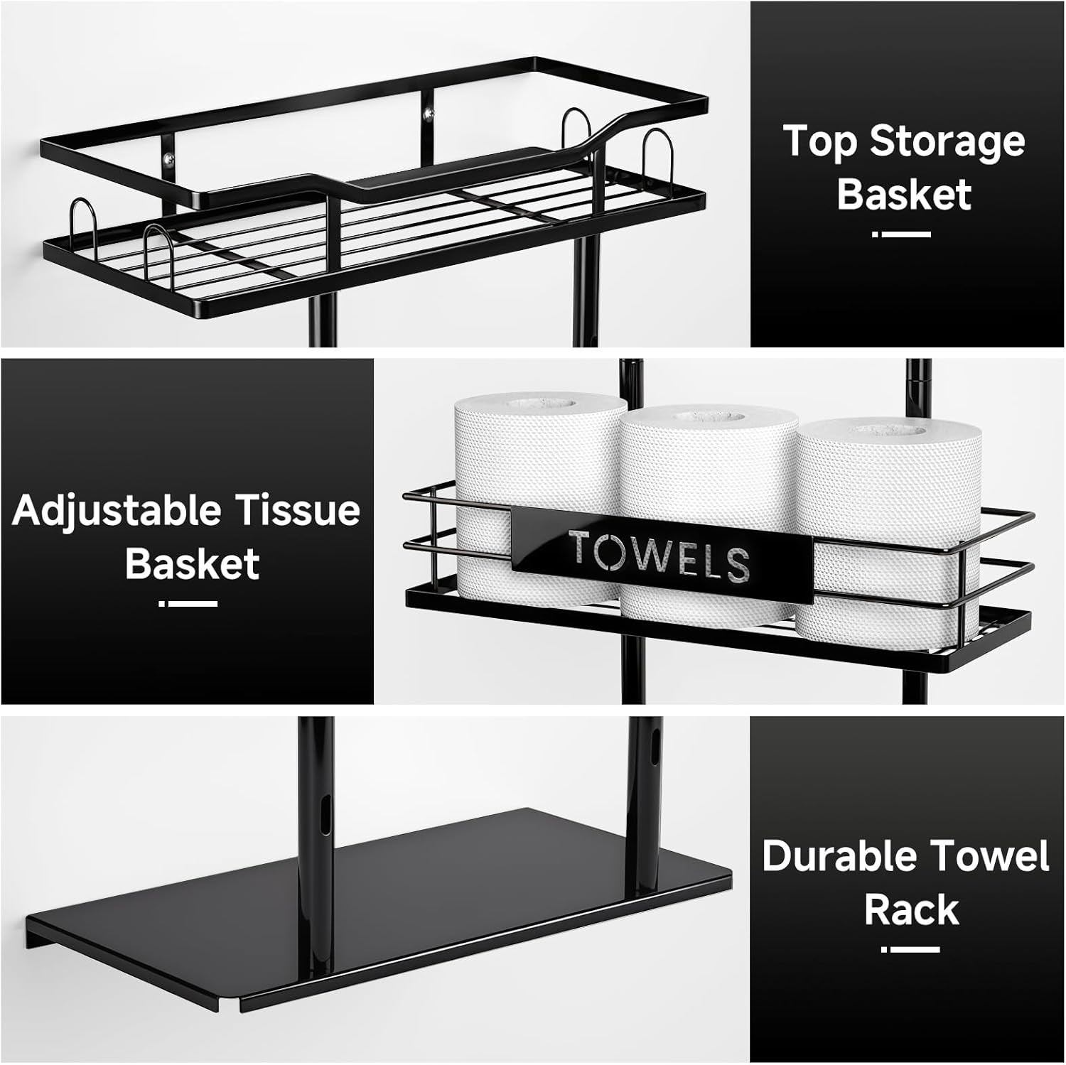 Towel Racks for Bathroom, 30inch Wall Mounted Towel Rack, Towel Storage for Small Bathroom Can Holds 6 Large Towels, Floating Shelf with Adjustable Tissue Basket(Black).