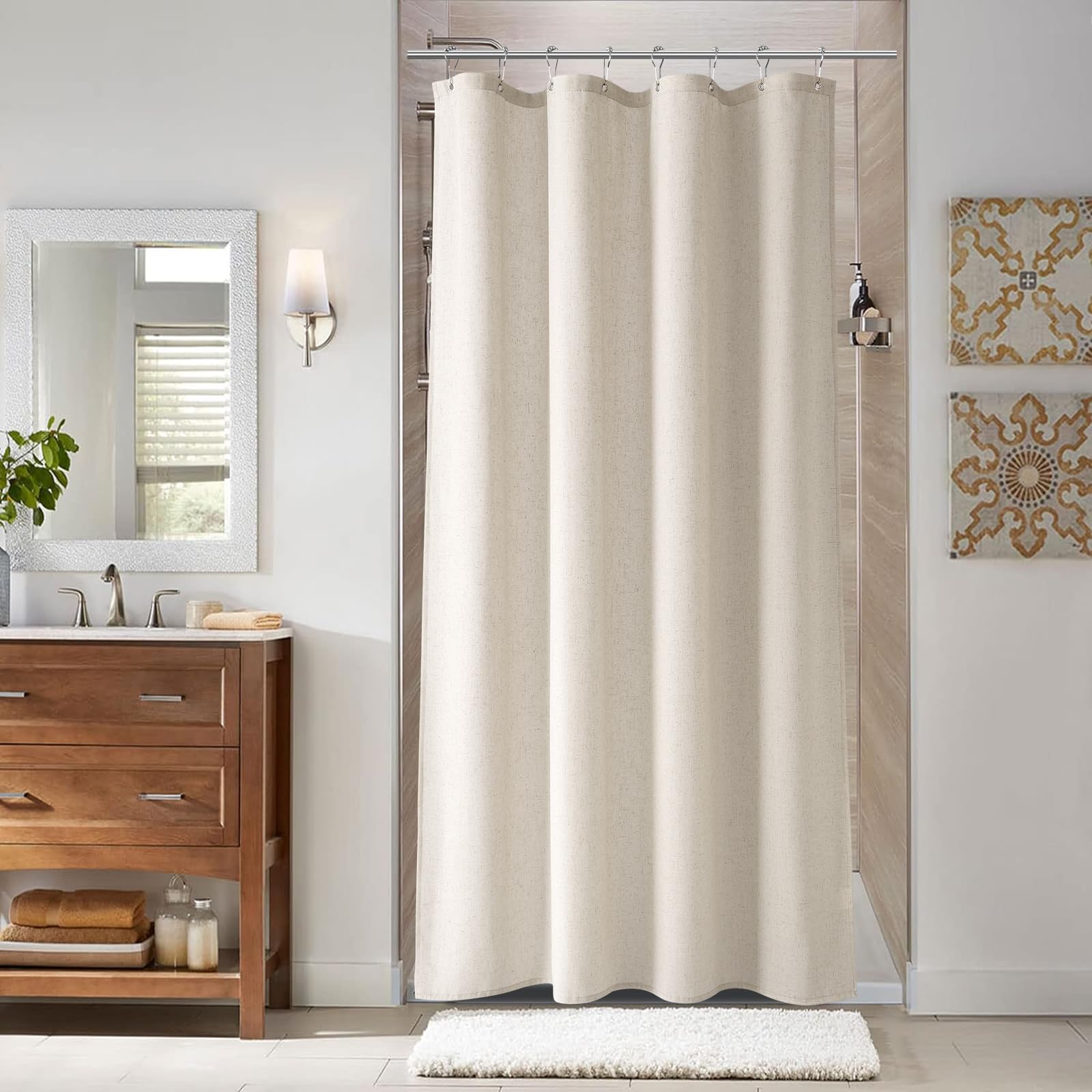 Naturoom Natural Linen Shower Curtain, Country Boho Farmhouse Bath Decor Beige Shower Curtains for Bathroom Neutral Cloth Weighted Textured Fabric Bath Curtain Liner with Hooks, Cream, 72 Inch