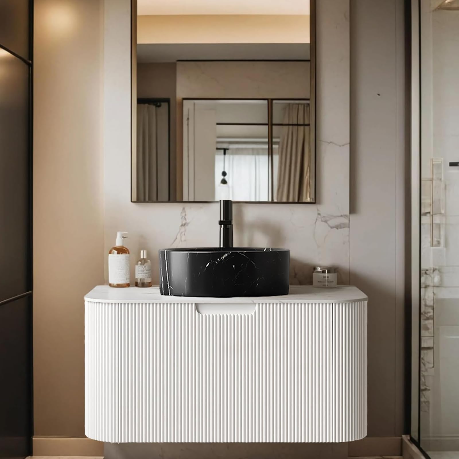 24-Inch Modern Bathroom Vanity with Sink, Floating Cabinet with Ultra-Thin Ceramic Basin and Marble Top, Extra Large Storage Drawer, Soft-Close Design, Nature Wood