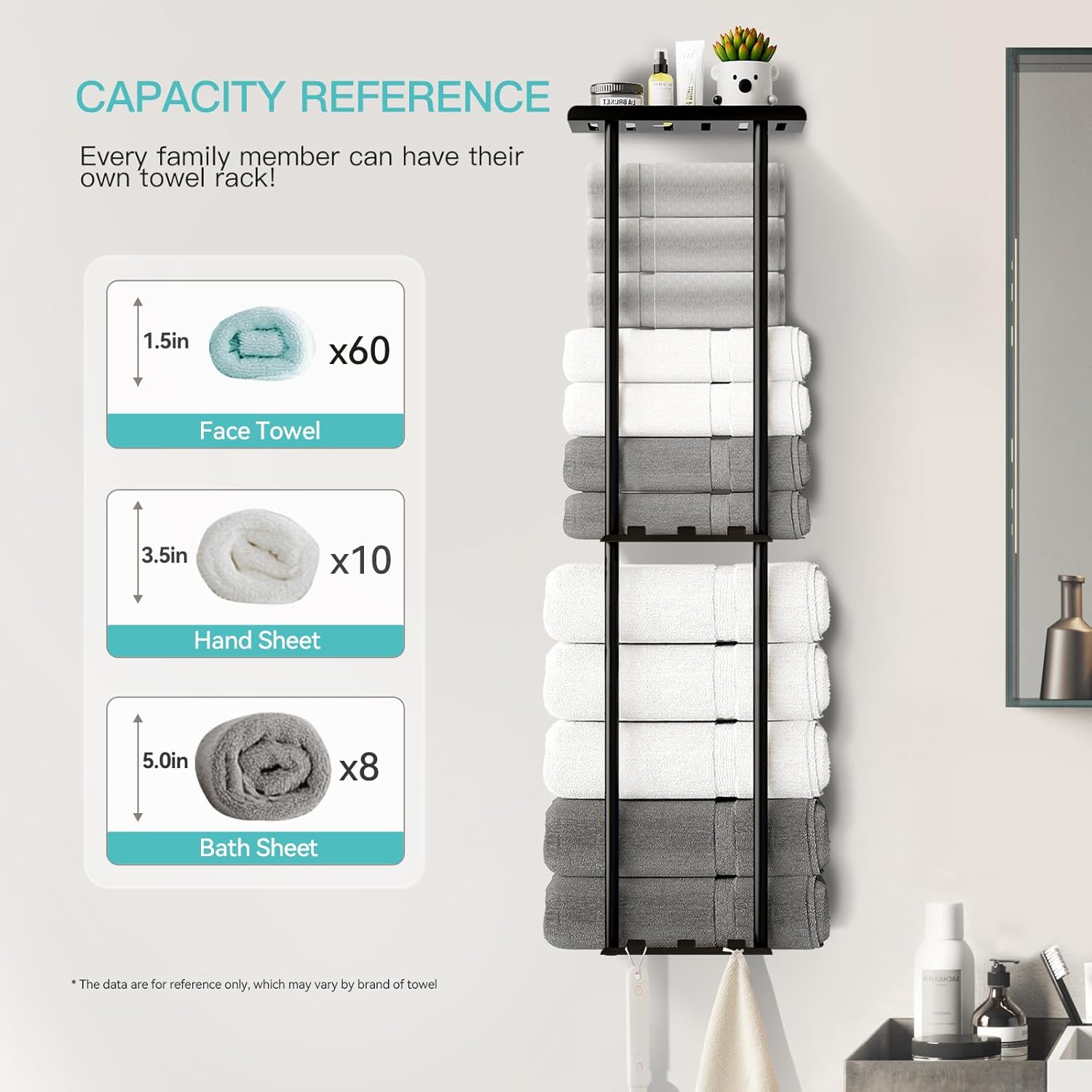 Towel Racks for Bathroom, 36.6 inch Metal Towel Storage, 8 Large Bath Towels Capacity, 3-Tier Towel Holder for Bathroom, with Shelf & 6 Hooks, Wall Mounted Towel Rack for Rolled Towels, Black