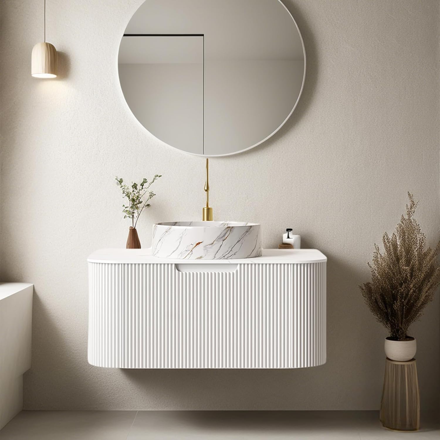 24-Inch Modern Bathroom Vanity with Sink, Floating Cabinet with Ultra-Thin Ceramic Basin and Marble Top, Extra Large Storage Drawer, Soft-Close Design, Nature Wood
