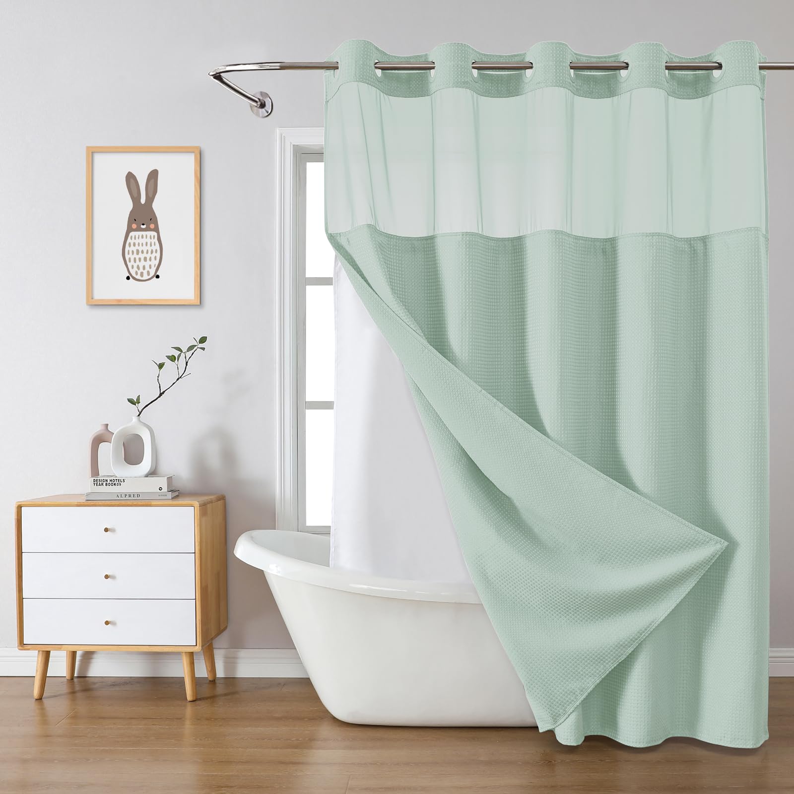 eachope BurntOrange Extra Long No Hook Waffle Weave Shower Curtain with snap-in Liner Replacement, 230GSM Waterproof Fabric Hotel Shower Curtain Set for Bathroom, Through Mesh Top Window,71Wx86H