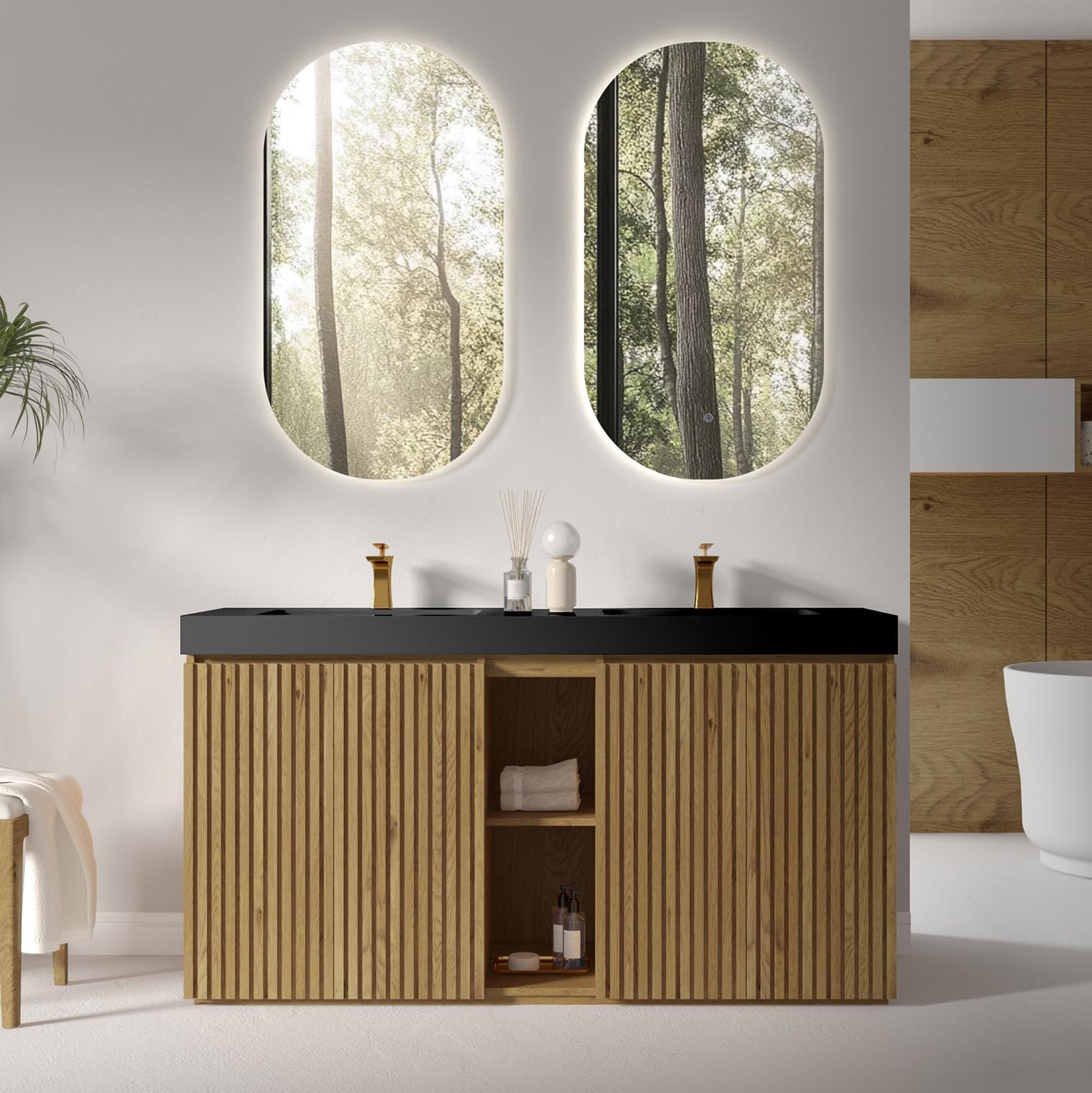 60" Bathroom Vanity with Double Sink, Freestanding Double Sink Bathroom Vanity with White Engineered Stone Top, Open Storage Cabinet & Adjustable Shelf, 4 Soft-Closing Doors, Smoked Oak Brown
