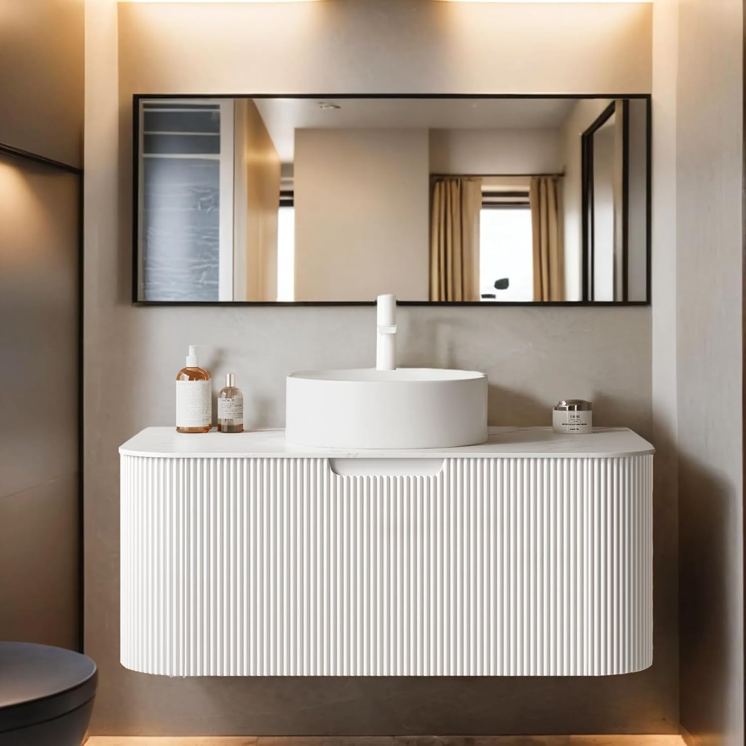 24-Inch Modern Bathroom Vanity with Sink, Floating Cabinet with Ultra-Thin Ceramic Basin and Marble Top, Extra Large Storage Drawer, Soft-Close Design, Nature Wood