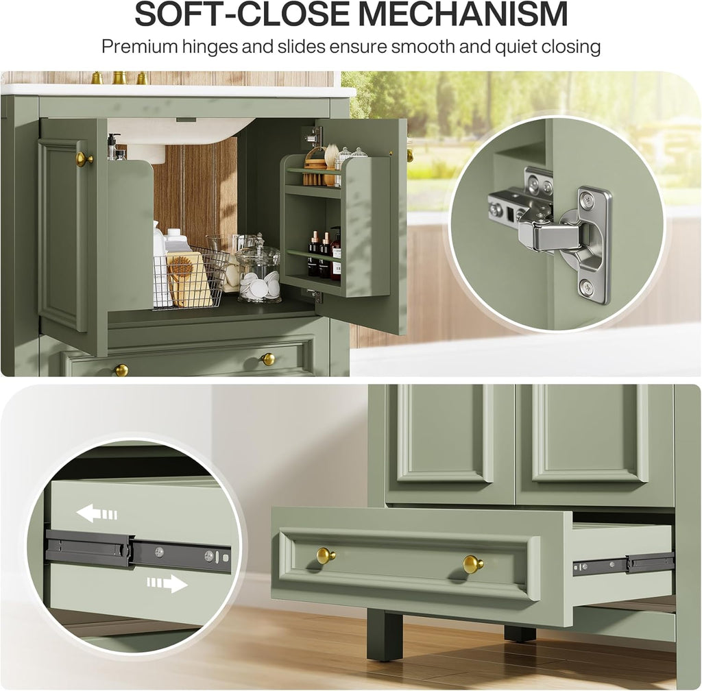 Tribesigns 30" Modern Bathroom Vanity with Sink, Freestanding Bathroom Vanities Cabinet with Ceramic Basin Combo, Bathroom Sink Cabinet with 2 Doors and 1 Drawer, Solid Wooden Frame, Olive Green