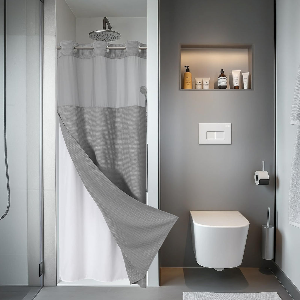 eachope BurntOrange Extra Long No Hook Waffle Weave Shower Curtain with snap-in Liner Replacement, 230GSM Waterproof Fabric Hotel Shower Curtain Set for Bathroom, Through Mesh Top Window,71Wx86H