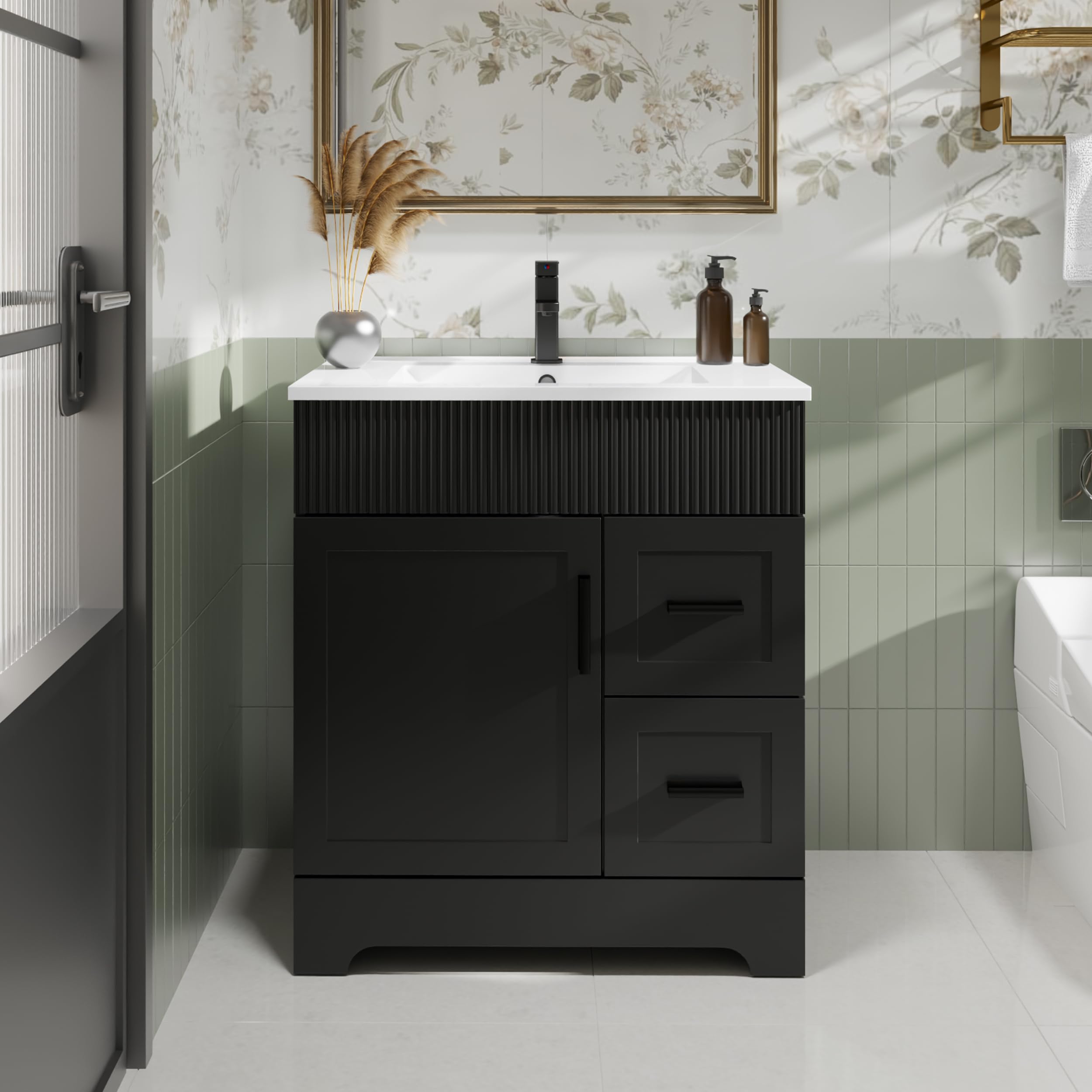 eclife 36" Bathroom Vanities Sink Combo with Painted Surface, Modern Drawered Cabinet W/Decorative Wave Lines, Undermount Single Sink, Matte Black Faucet Drain, Gray Green
