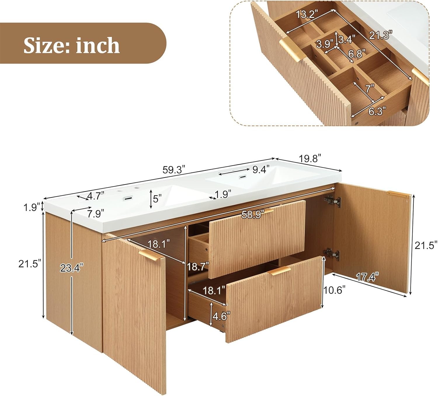 60" Bathroom Vanity with Sink Combo, Floating Double Sink Bathroom Vanity with SMC Resin Top, MDF Cabinet with Solid Wood Frame, Wall-Mounted Bath Room Vanities for Large Bathrooms, Wood