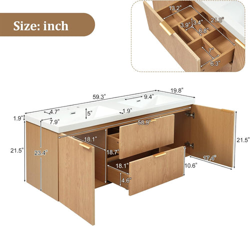 60" Bathroom Vanity with Sink Combo, Floating Double Sink Bathroom Vanity with SMC Resin Top, MDF Cabinet with Solid Wood Frame, Wall-Mounted Bath Room Vanities for Large Bathrooms, Wood